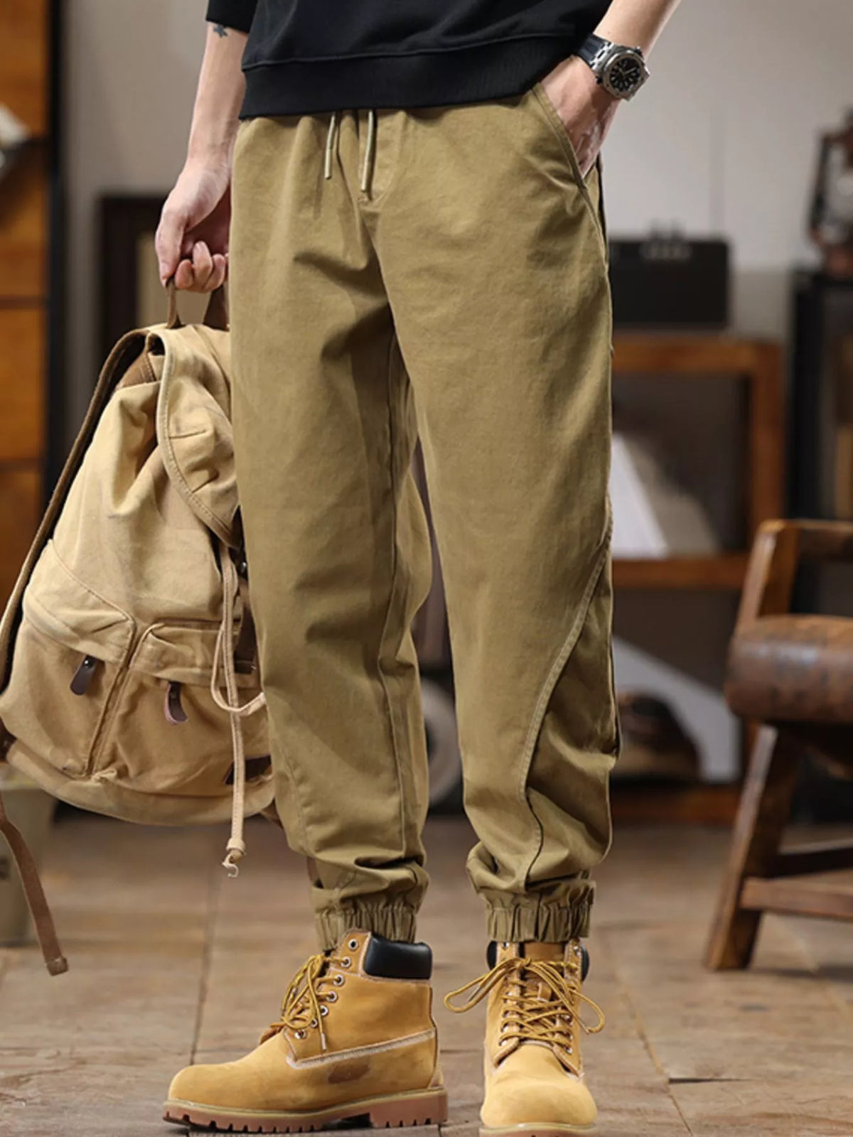 Men's Full Size Drawstring Jogger Pants with Elastic Cuffs Plus Size in Khaki