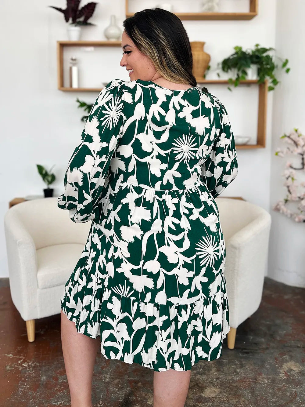 Double Take Full Size Printed Ruffle Hem Dress with Pocket - Lilixa.store