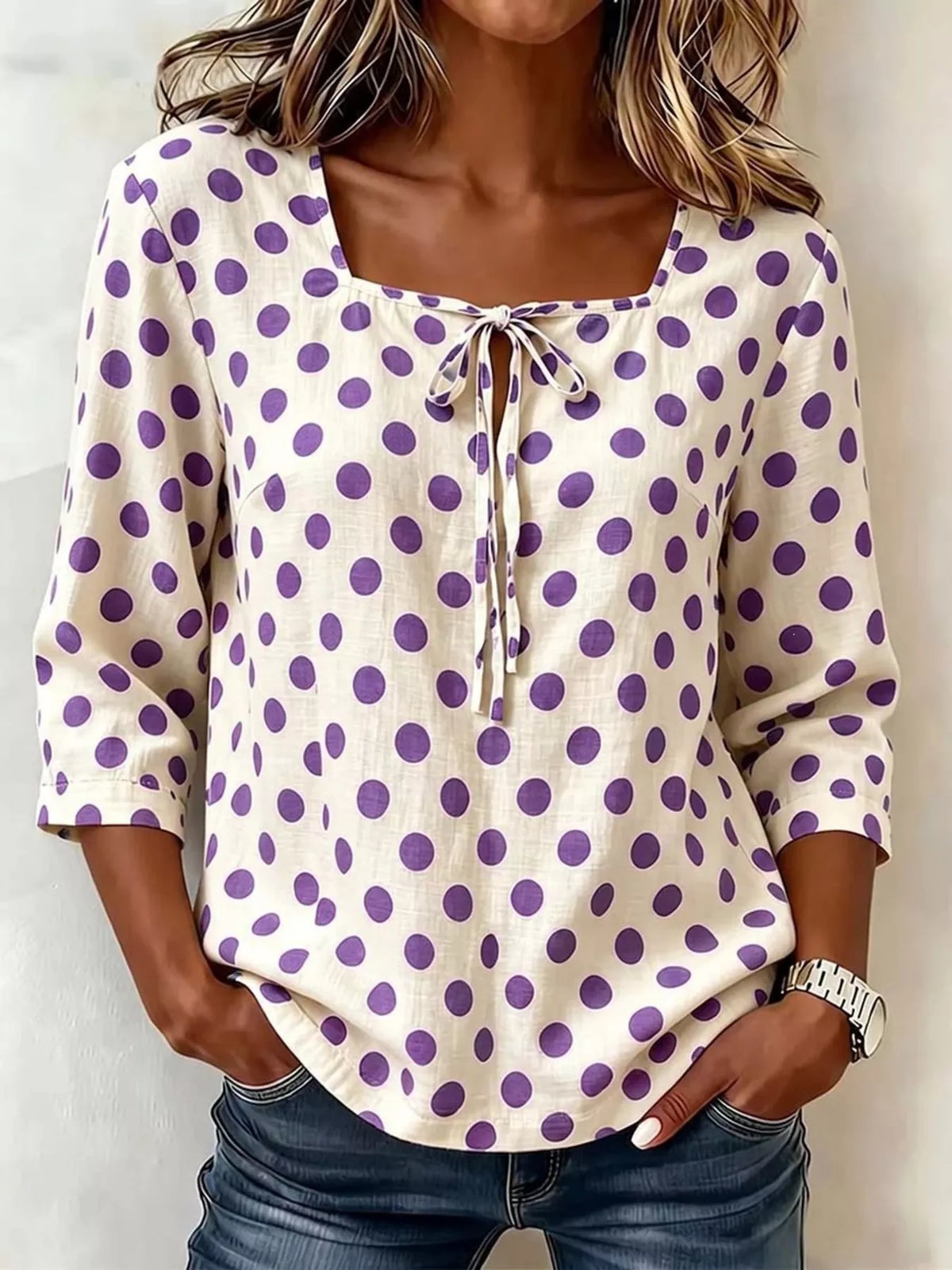 Full Size Square Neck Polka Dot Blouse Plus Size - Lilixa.store