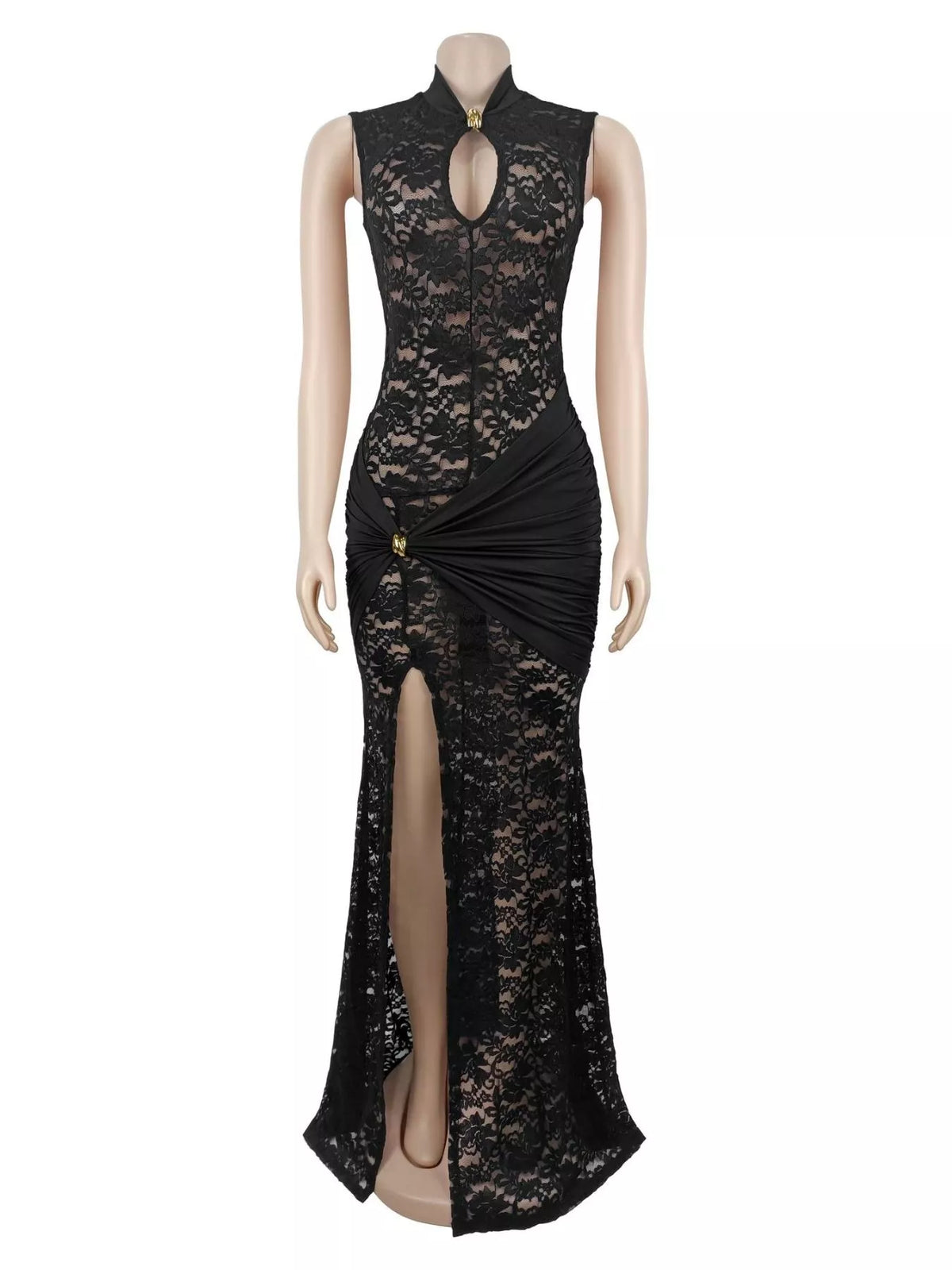 Lace Keyhole High-Slit Maxi Dress - Lilixa.store