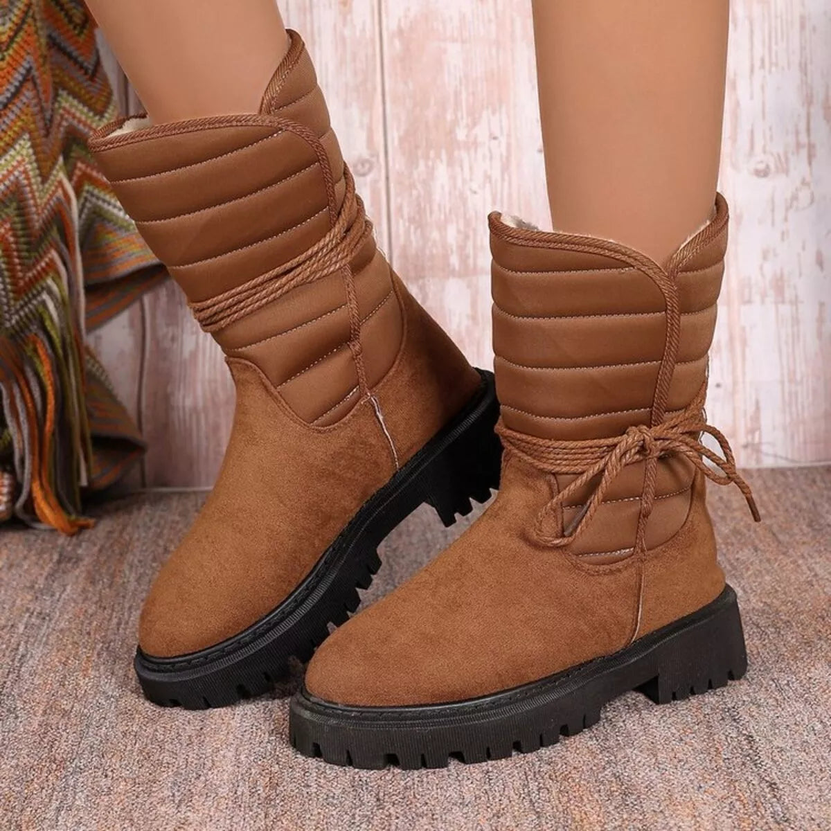 Quilted Lace-Up Mid-Calf Boots, view 9