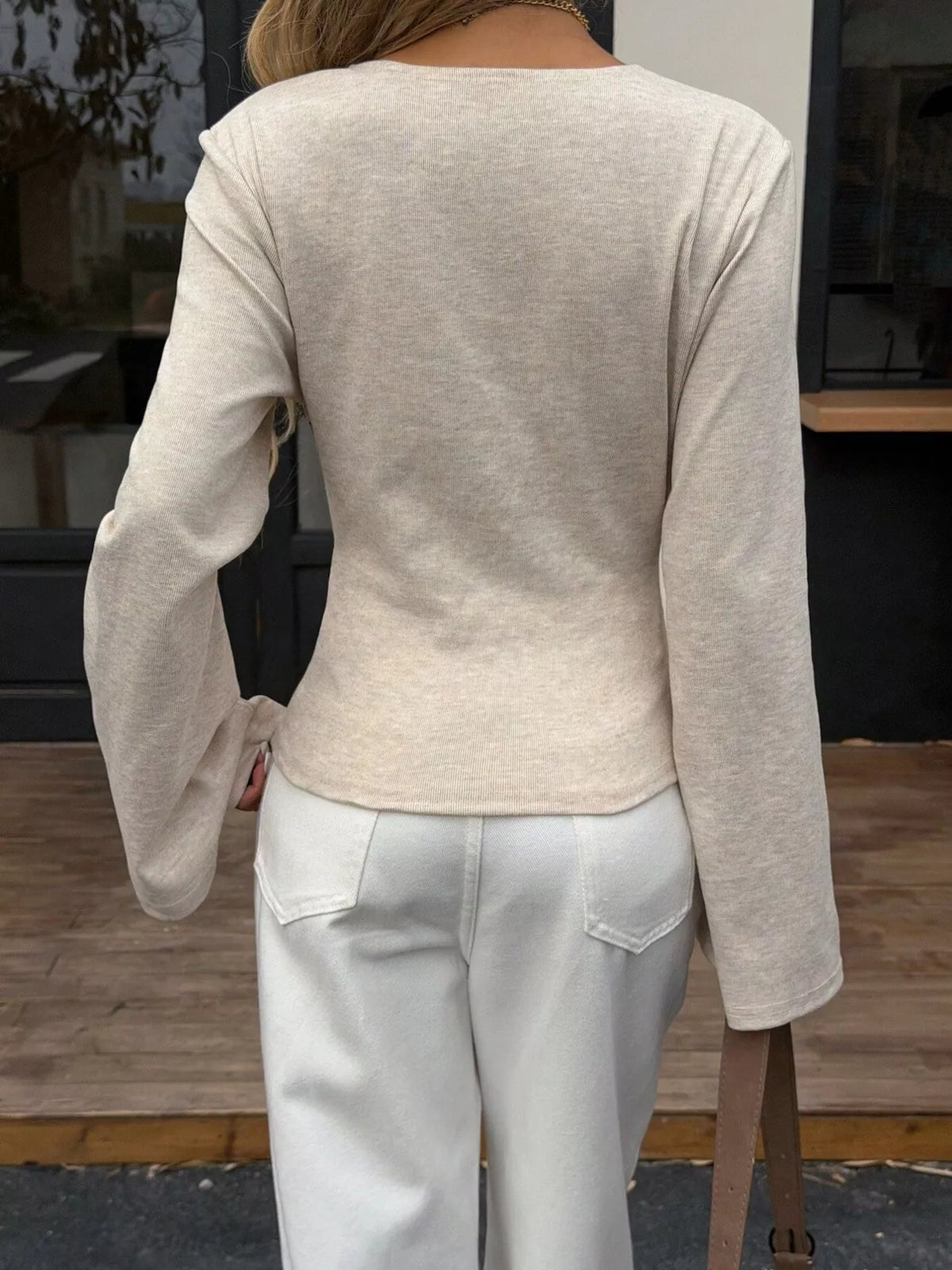 Elegant V-Neck Wrap Asymmetrical Blouse with Flared Sleeves, view 10