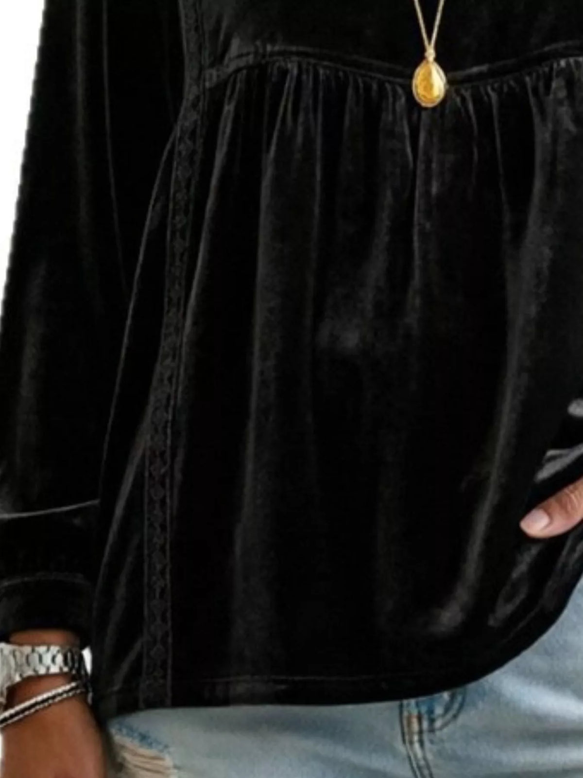 Full Size V-Neck Long Sleeve Velvet Blouse with Lace Trim Plus Size - Lilixa.store