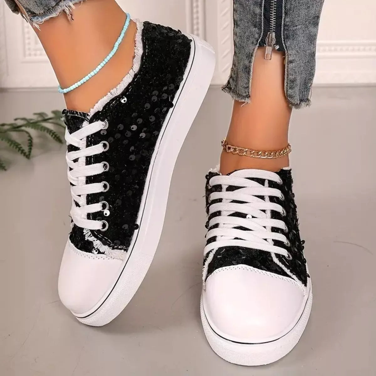 Sparkling Sequin Low-Top Sneakers - Lilixa.store