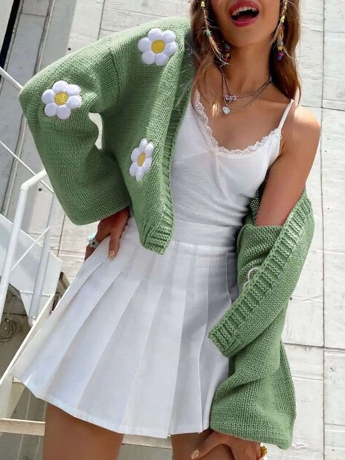 Floral Open Front Knit Cardigan - Lilixa.store