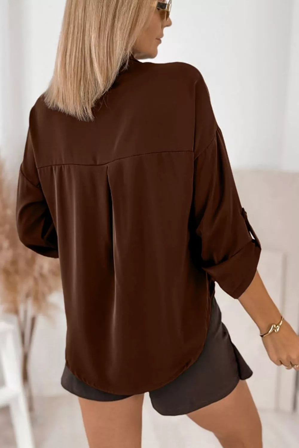 Multi Button Decoration Tab Long Sleeve Casual Shirt in Dark Brown, view 4