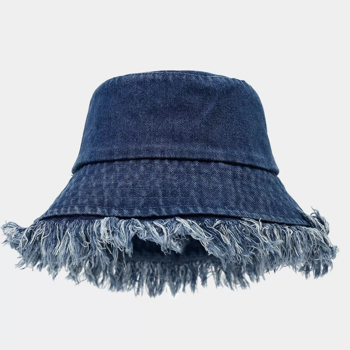 Vintage Washed Denim Bucket Hat with Frayed Raw Edge - Lilixa.store