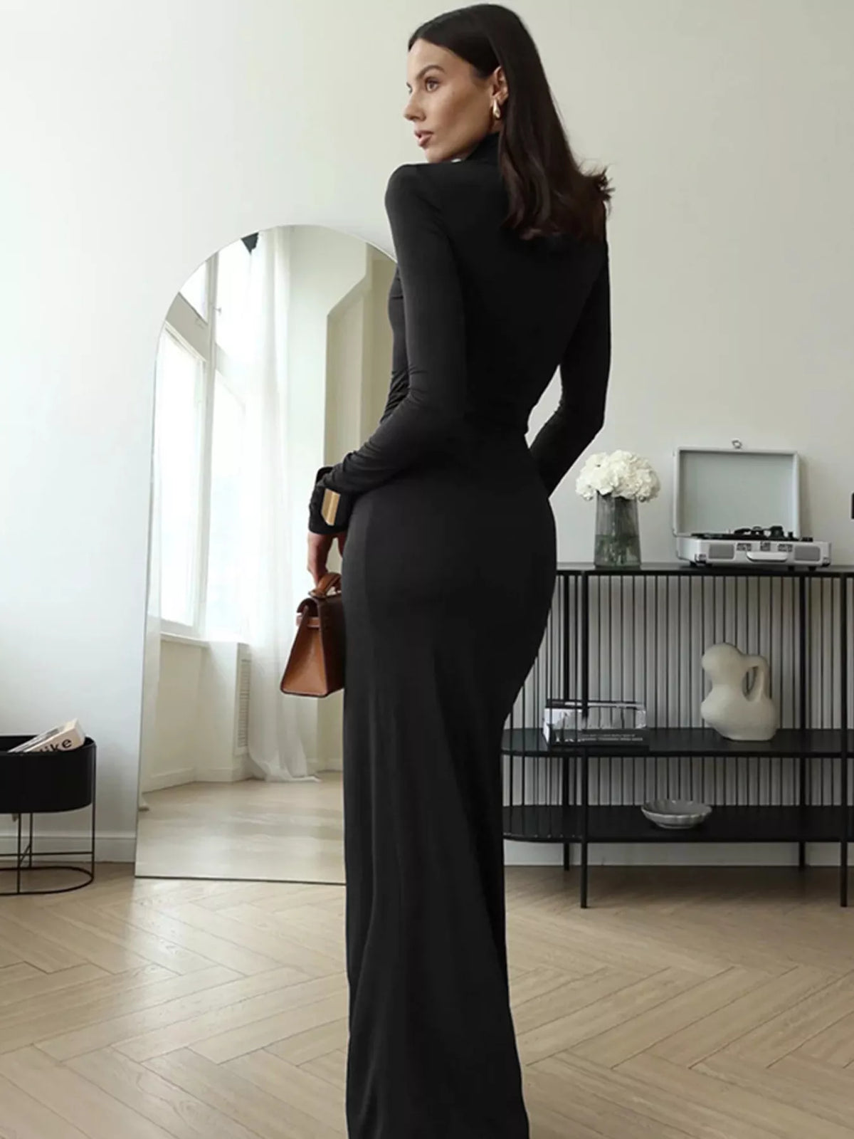 Turtleneck Long Sleeve Tie Waist Maxi Dress, view 14