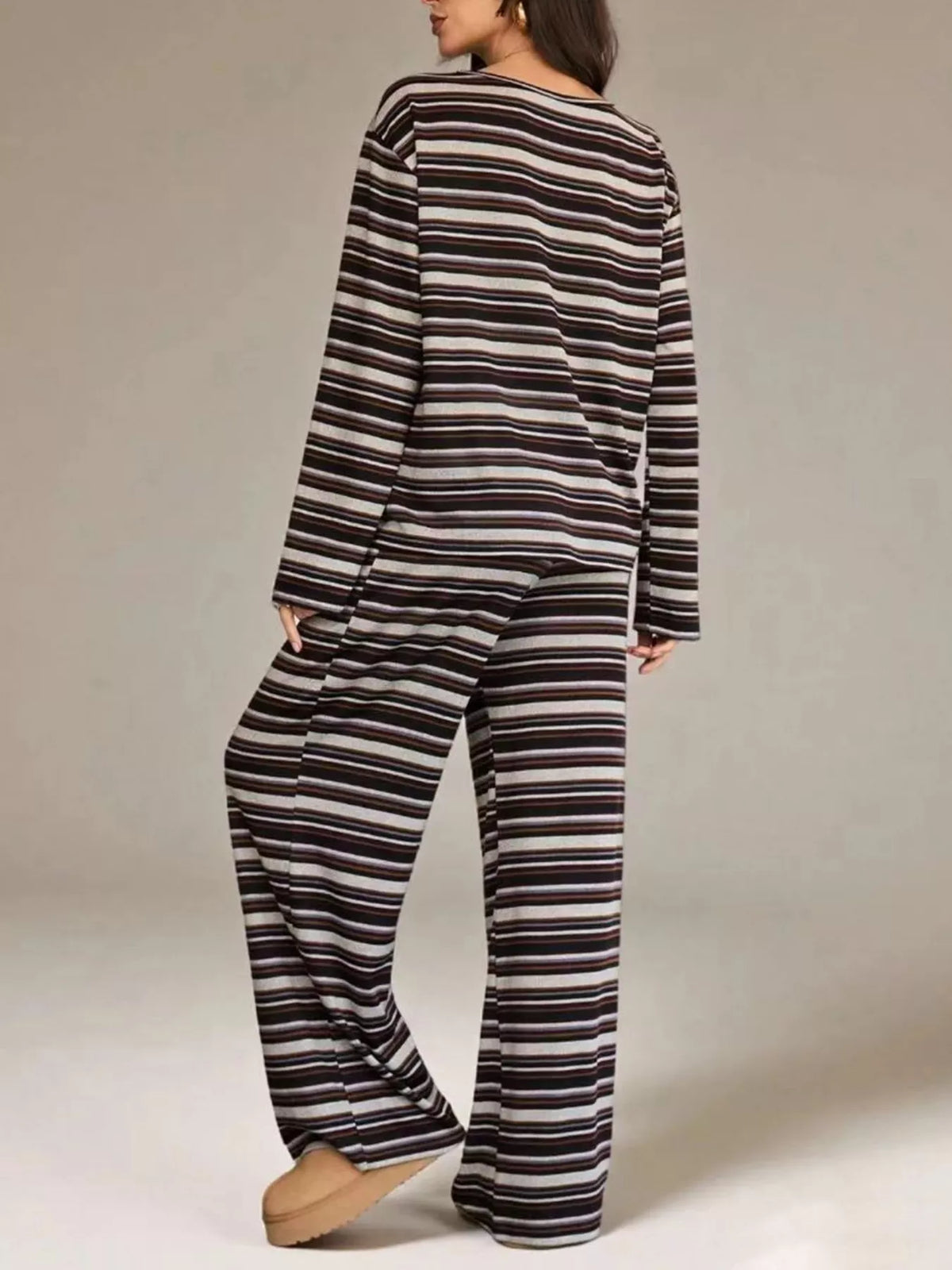 Striped Long-Sleeve Top and Wide-Leg Pants Set - Lilixa.store