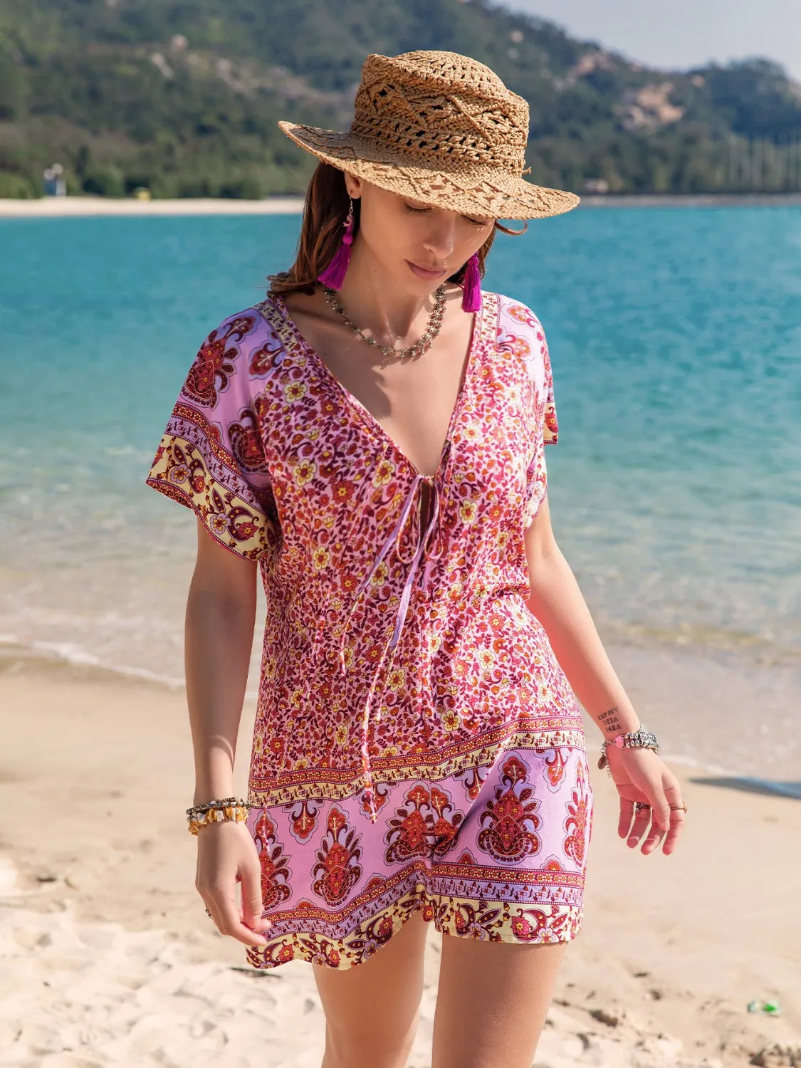 Printed V-Neck Short Sleeve Romper - Lilixa.store