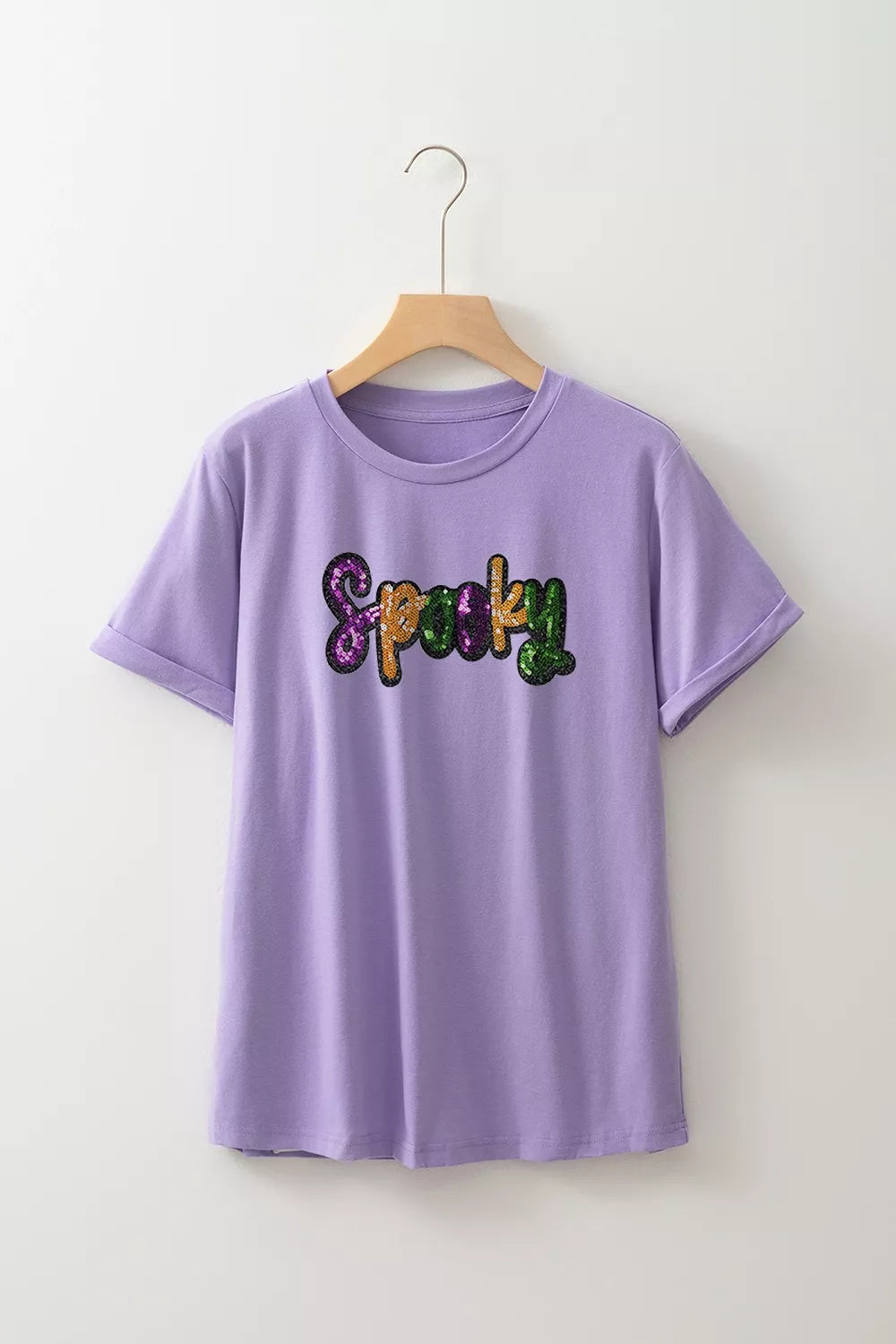 Full Size Spooky Sequin Letter Patched Cotton Blend T Shirt Plus Size - Lilixa.store
