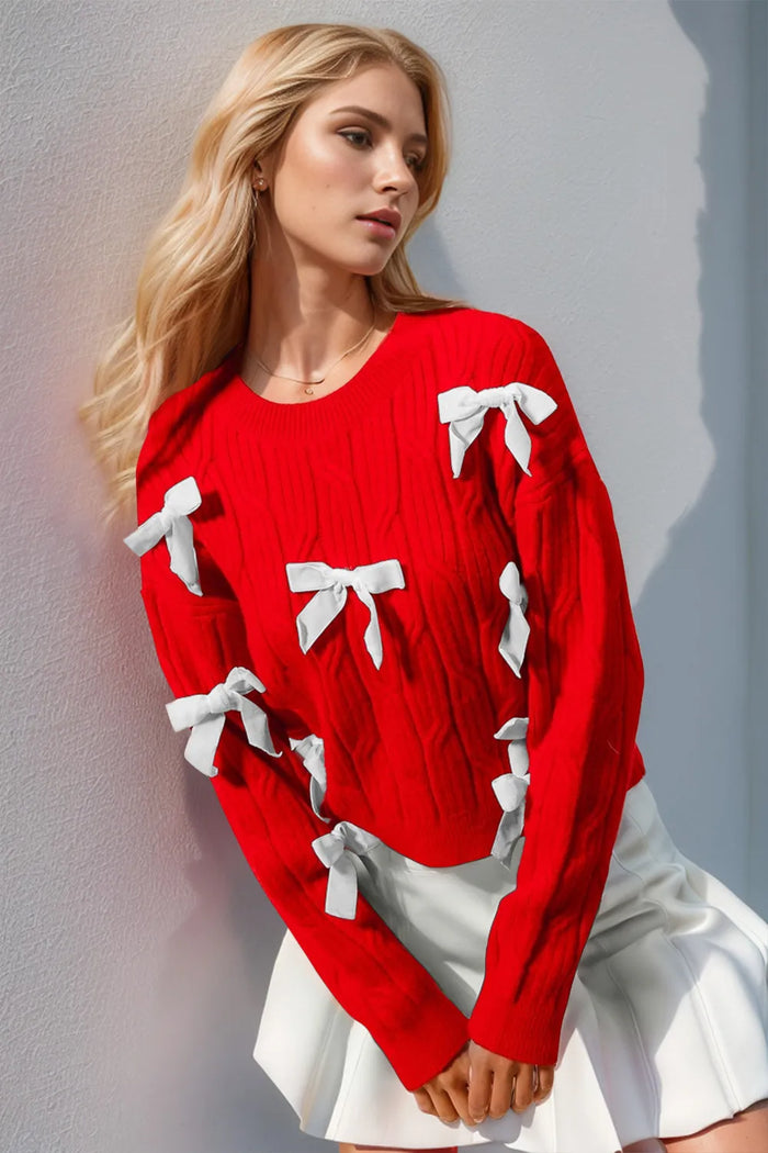 Double Take Full Size Bow Cable-Knit Round Neck Sweater - Lilixa.store