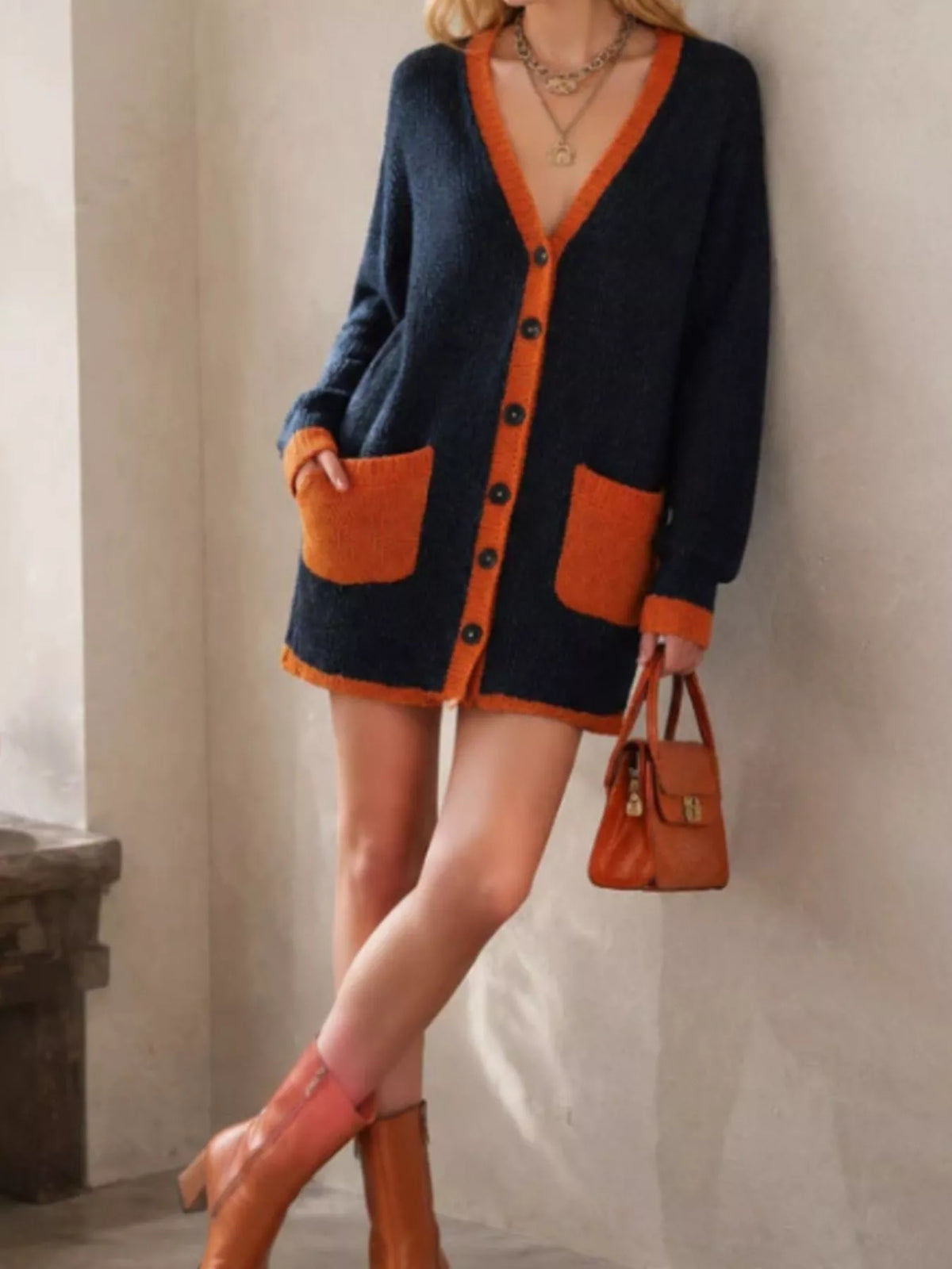 Color-Block V-Neck Button-Down Knit Cardigan - Lilixa.store