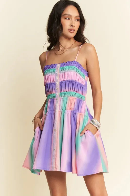 Davi & Dani Multi Color Ombre Printed Bodice Button Up Dress - Lilixa.store