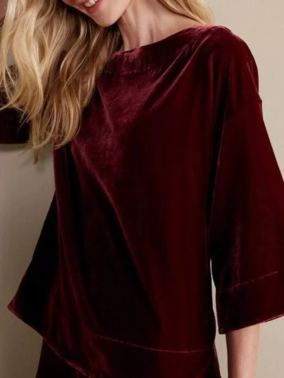 Velvet Boat-Neck T-Shirt with Three-Quarter Sleeves, view 2