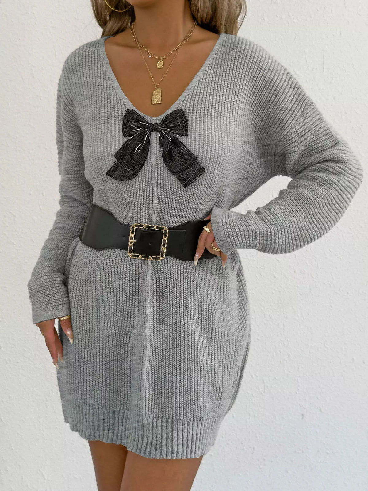 Bow Ribbed Knit Sweater Dress, view 3