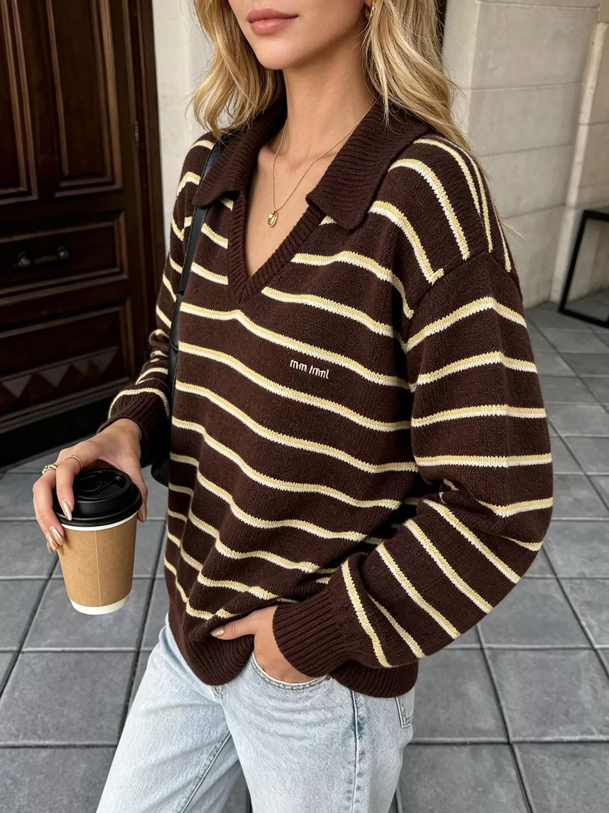 Vintage Striped Polo Collar Sweater in Brown, view 2