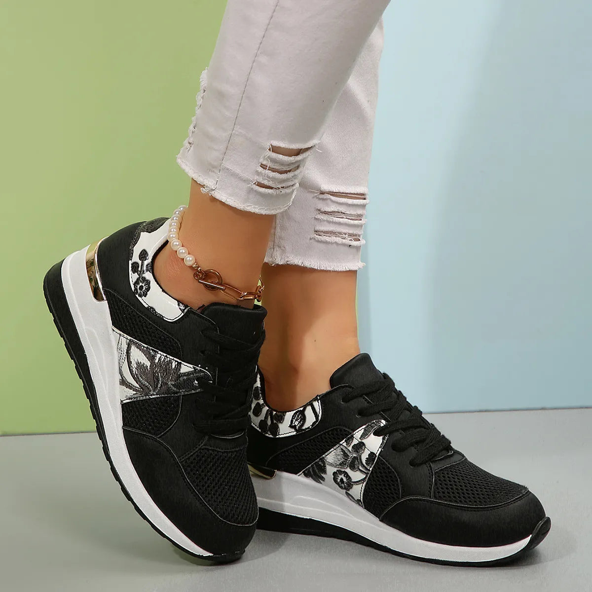 Floral Mesh Wedge Athletic - Lilixa.store