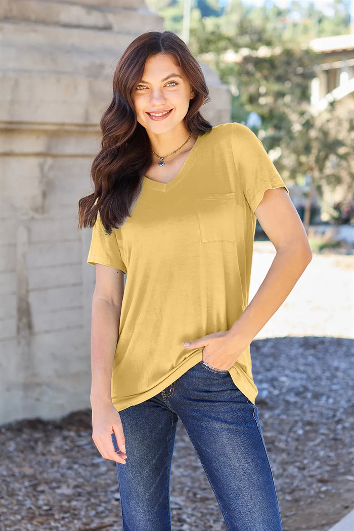 Basic Bae Bamboo Full Size V-Neck Short Sleeve T-Shirt in Yellow