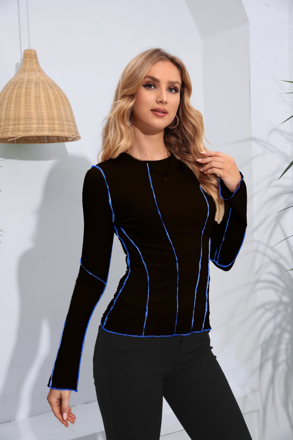 Ribbed Round Neck Long Sleeve Blouse in Black