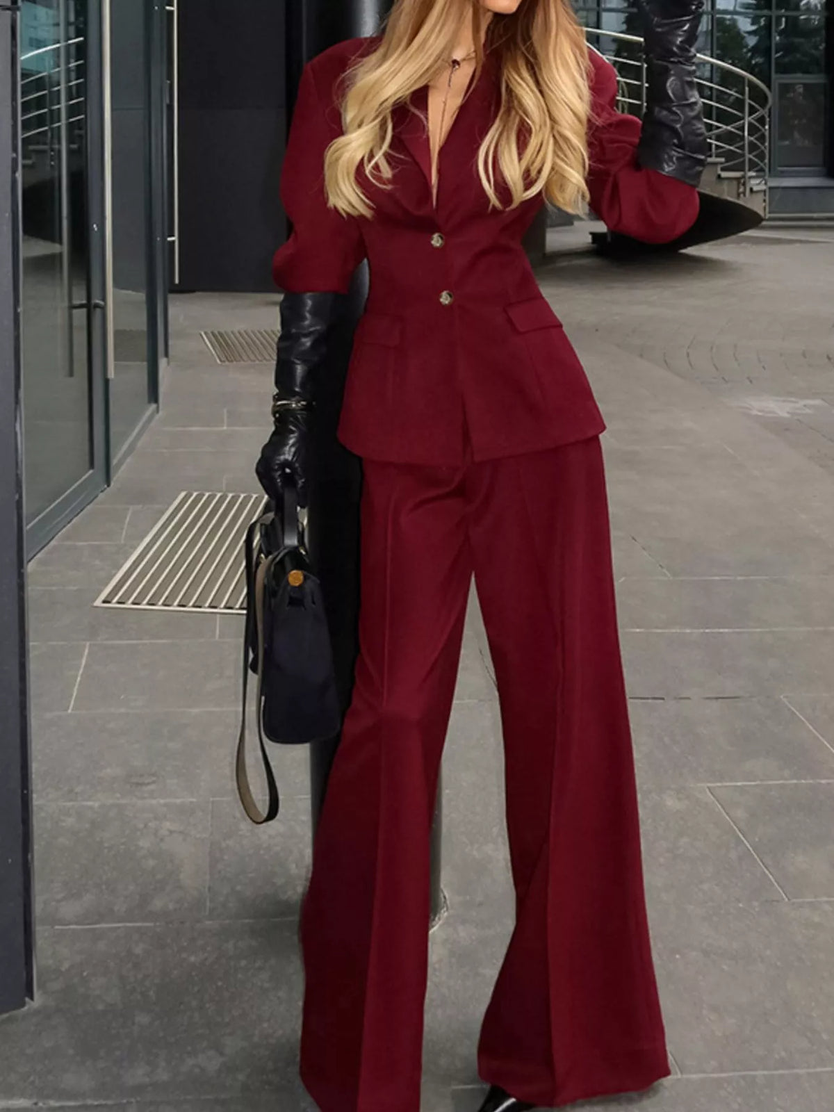 Lapel Collar Blazer and Wide-Leg Pants Set in Wine Red, view 8