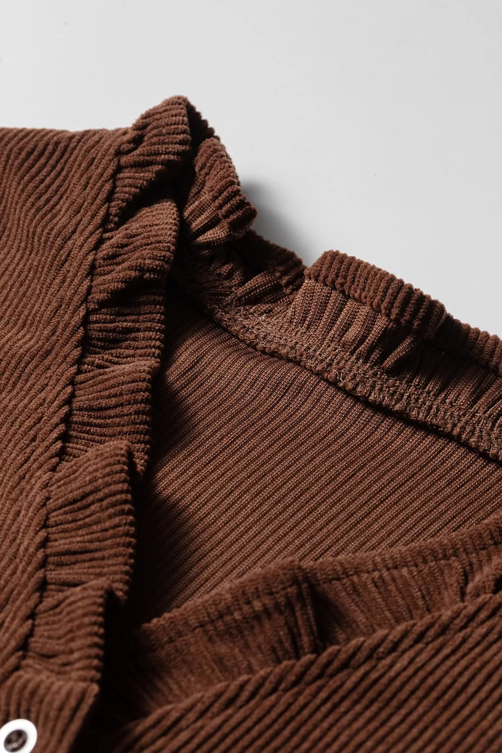 Solid Color Ruffle Trim V Neck Long Sleeve Button Corduroy Shakcet in Dark Brown, view 7