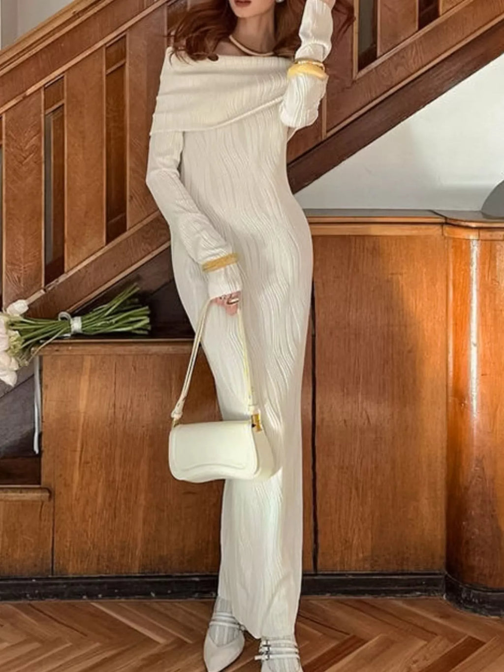 Off-Shoulder Textured Knit Maxi Dress - Lilixa.store
