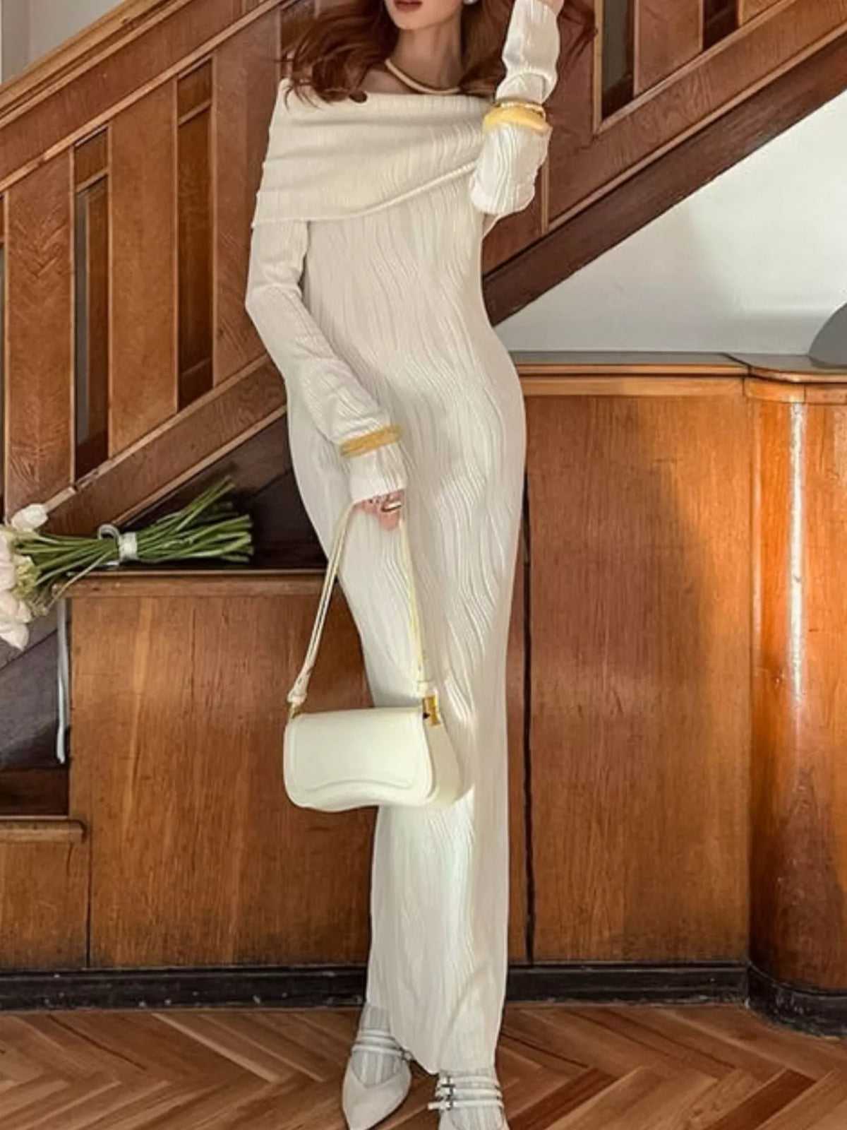 Off-Shoulder Textured Knit Maxi Dress - Lilixa.store
