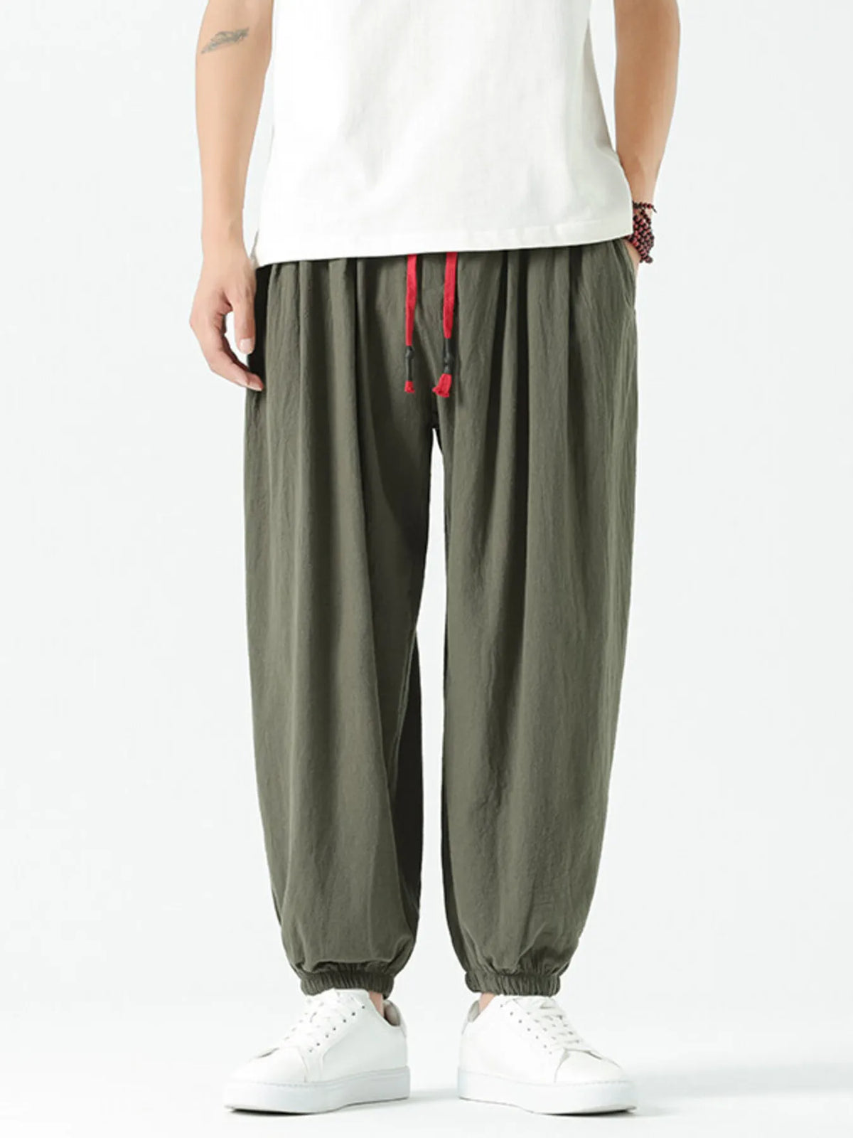 Men's Drawstring Wide Leg Relaxed Fit Pants in Military Green