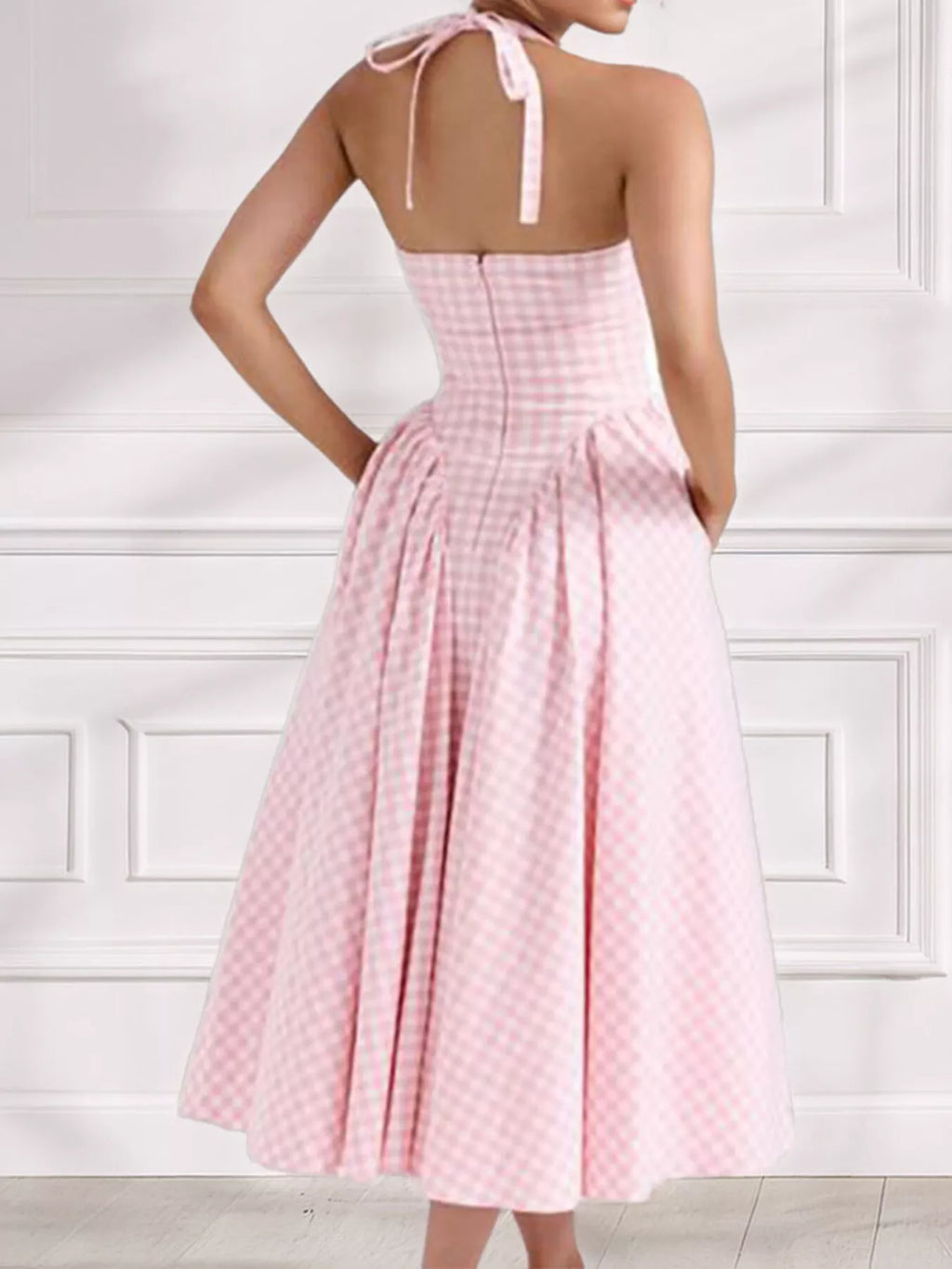 Full Size Gingham Halter Neck Maxi Dress Plus Size - Lilixa.store