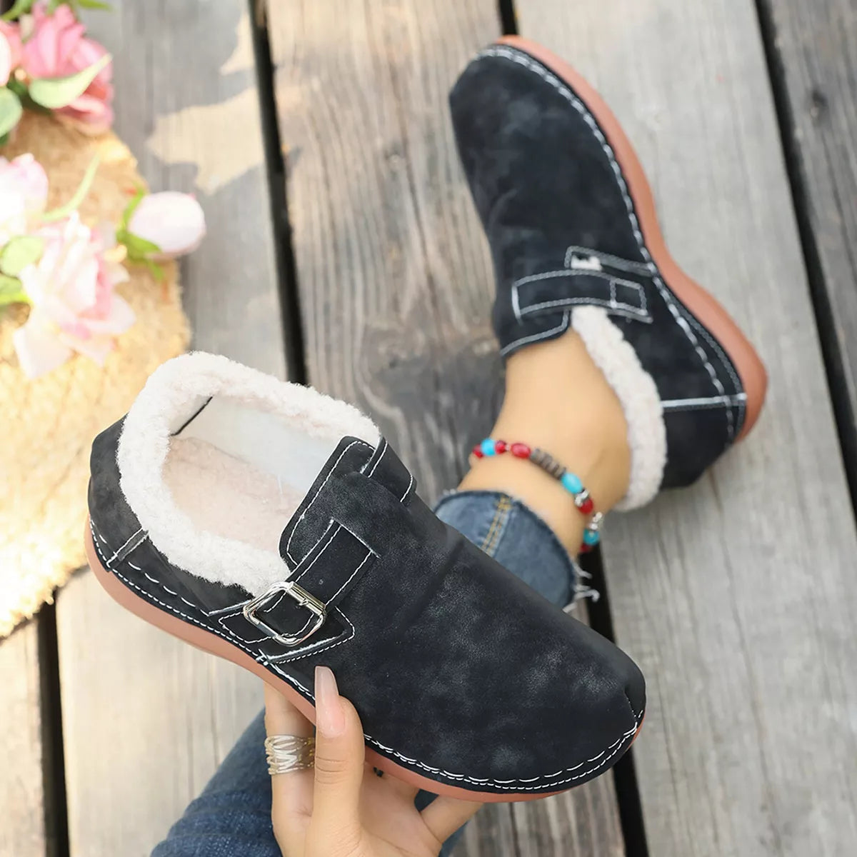 Faux Fur Lined Suede Loafers with Adjustable Buckle Strap, view 2