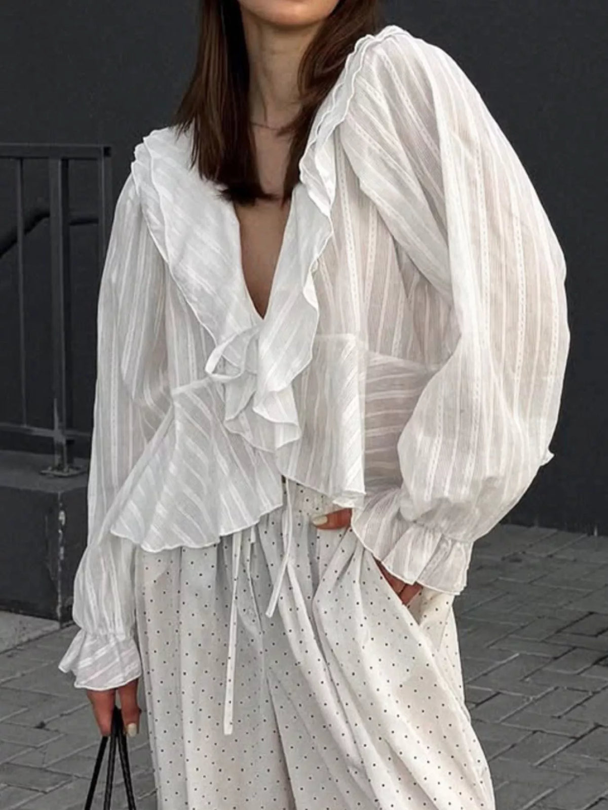 Ruffled Striped Flounce Sleeve Blouse in White, view 5