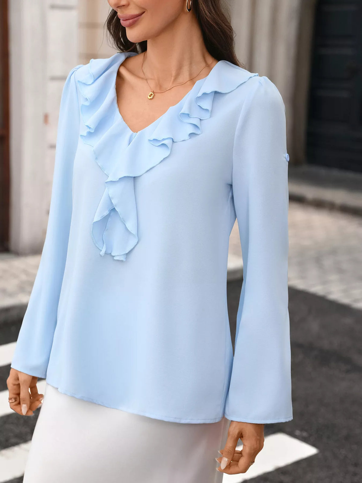 Ruffled V-Neck Roll-Up Sleeves Blouse - Lilixa.store