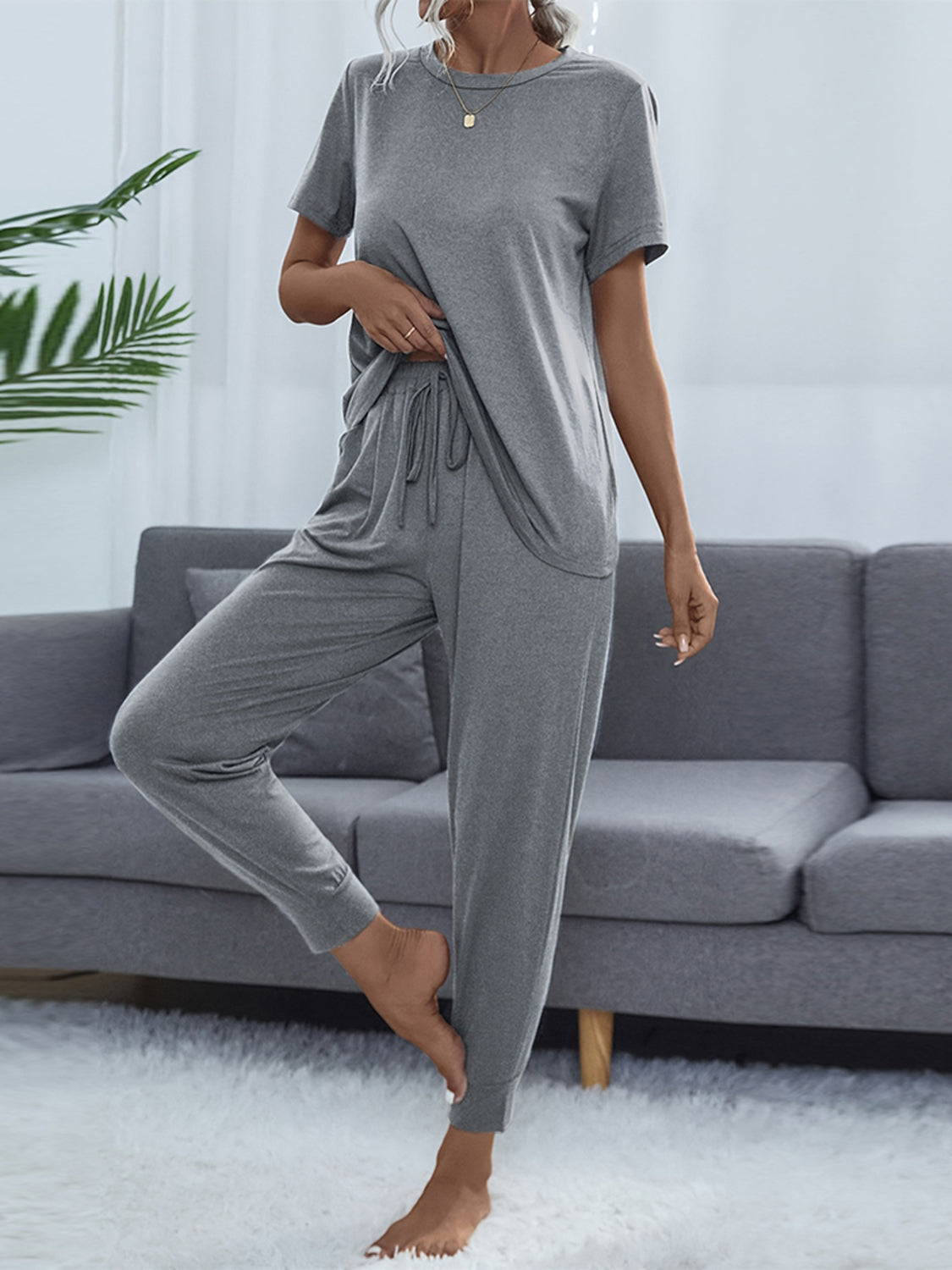 Shiny Round Neck Short Sleeve Top and Pants Set - Lilixa.store
