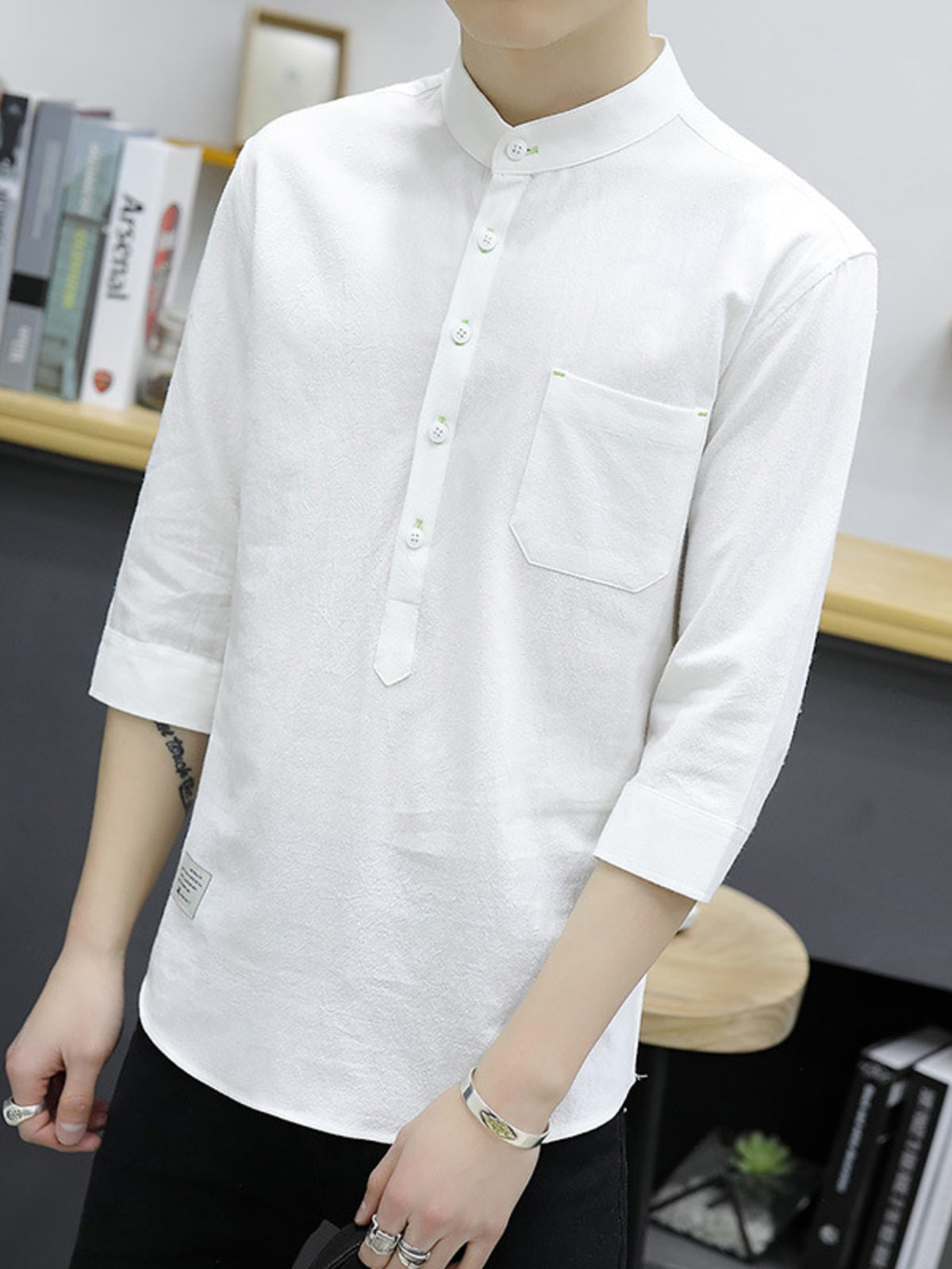 Men's Plus Size Button Detail 3/4 Sleeve Shirt Plus Size in White