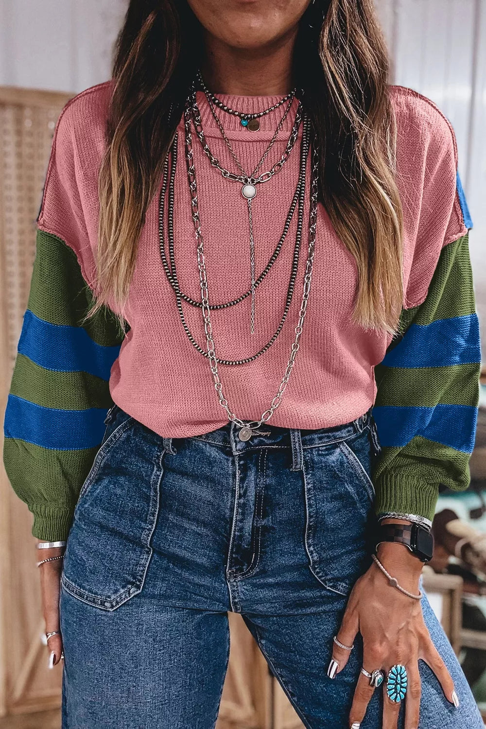 Multicolour Western Colorblock Patchwork Striped Long Sleeve Sweater