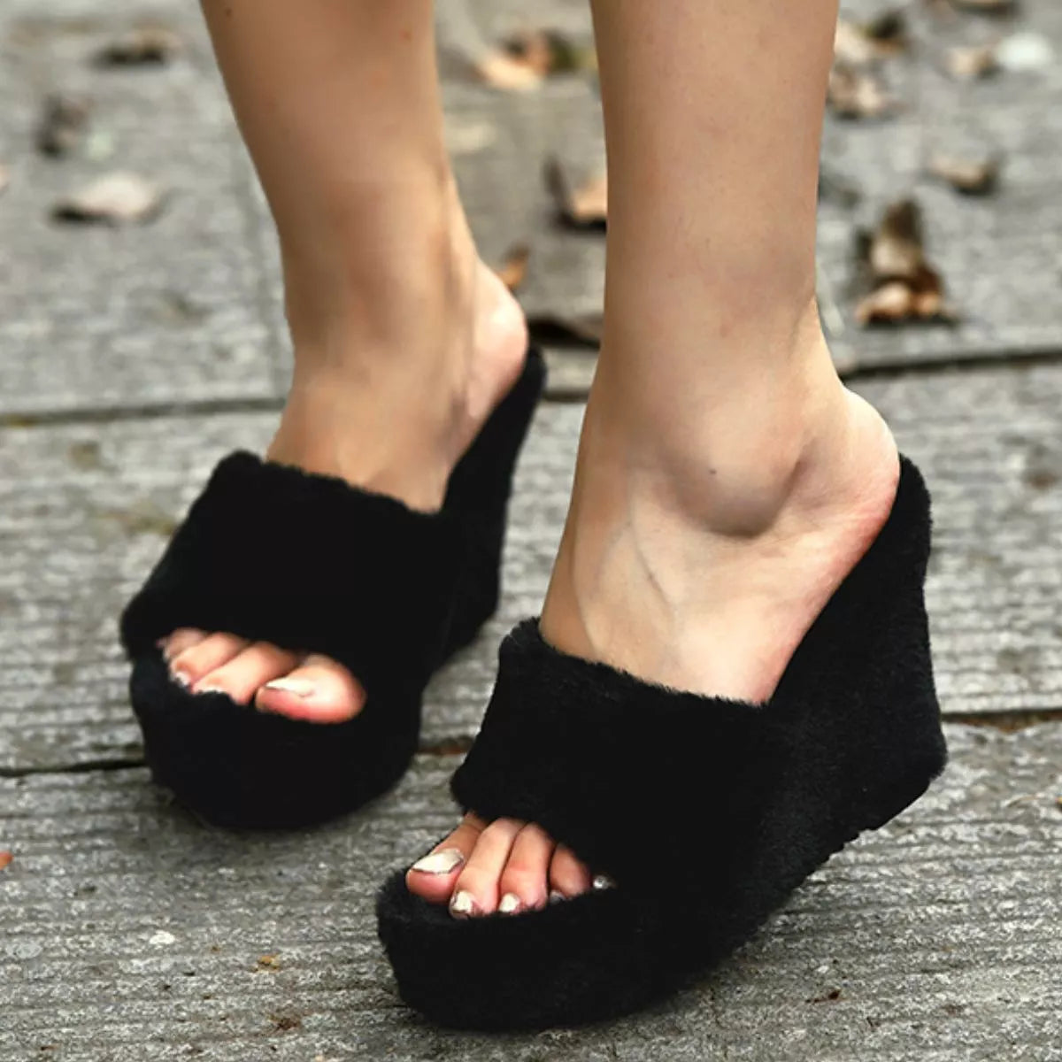 Fluffy Platform Wedge Slippers - Lilixa.store