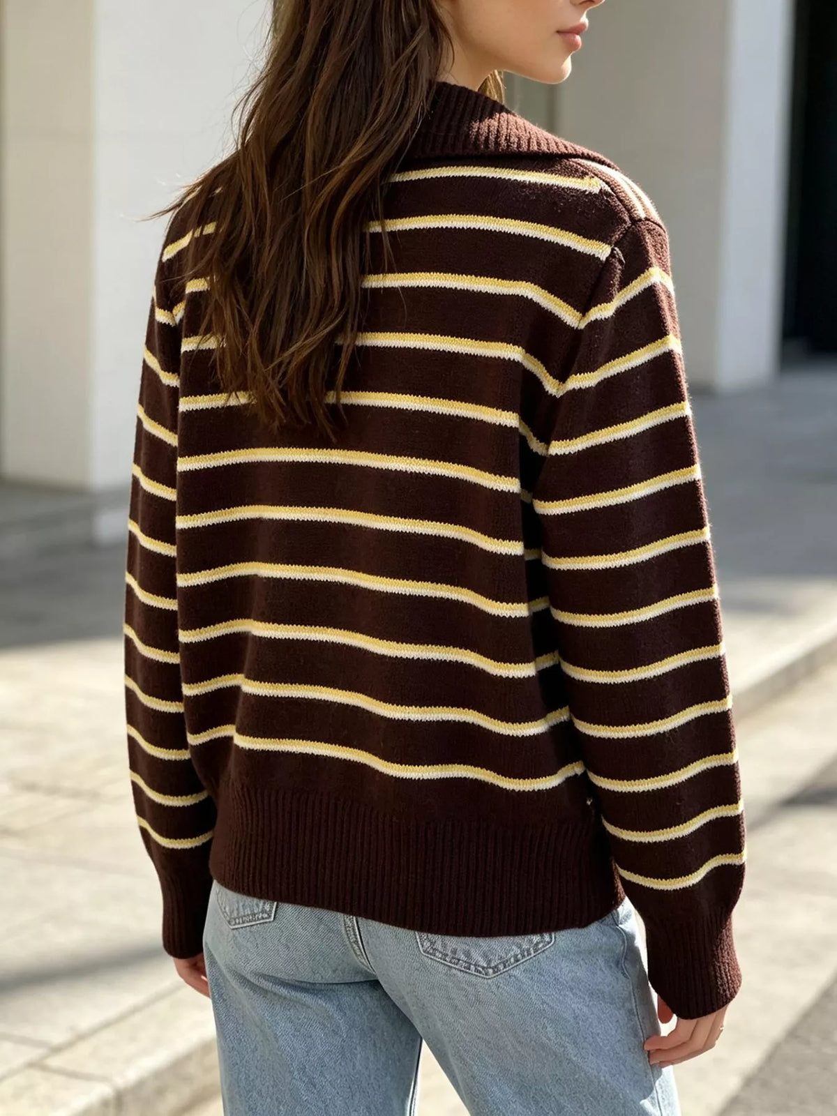 Vintage Striped Polo Collar Sweater in Brown, view 6