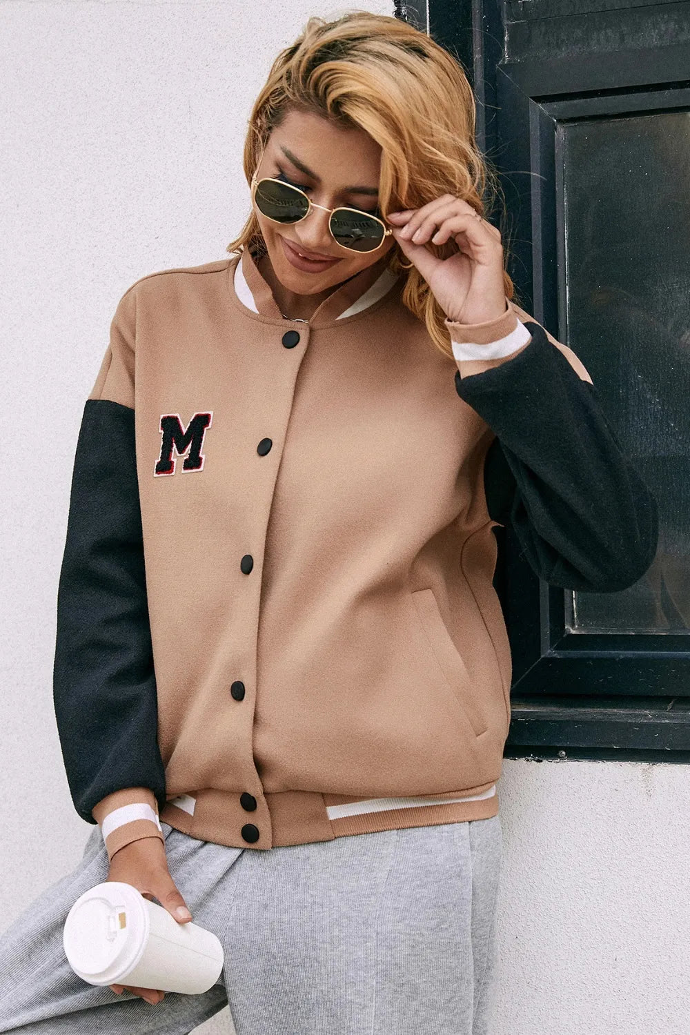 Ivy Lane Contrast Baseball Collar Snap Down Jacket in Camel