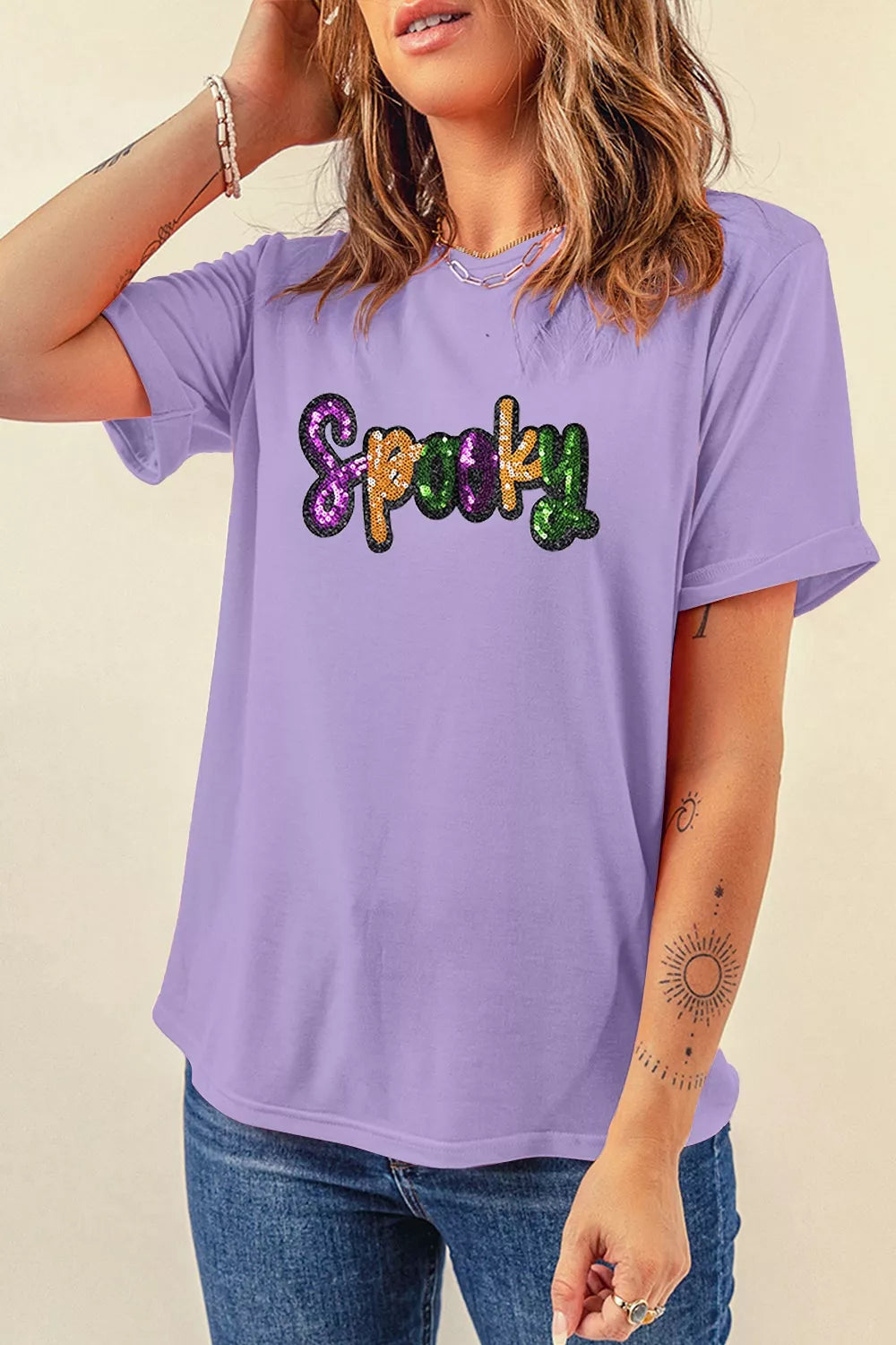 Full Size Spooky Sequin Letter Patched Cotton Blend T Shirt Plus Size - Lilixa.store
