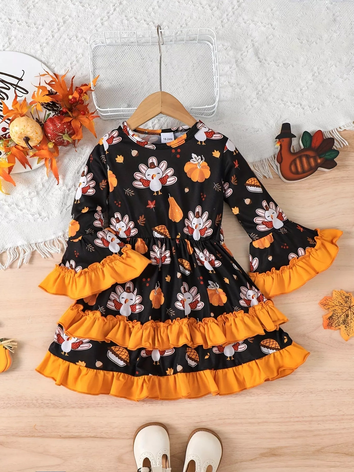 Children's Thanksgiving Turkey Print Ruffle Hem Long Sleeve Dress in Black, view 2