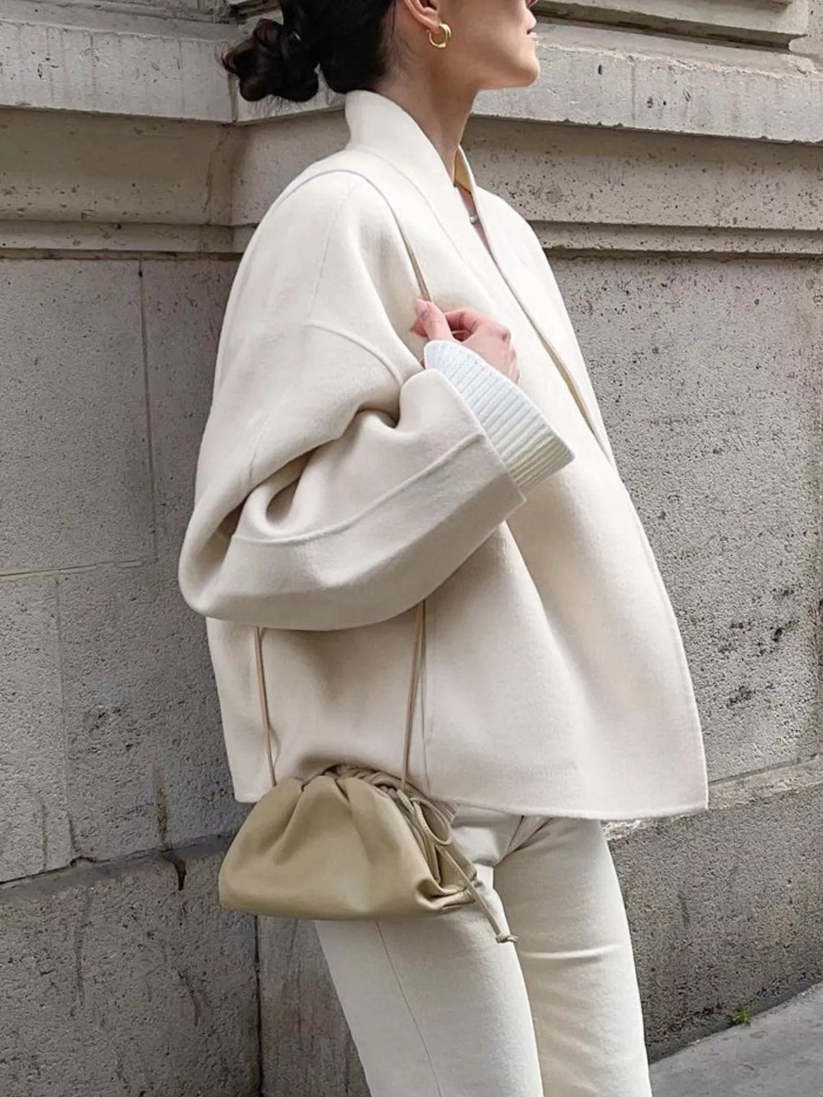 Elegant Stand Collar Open Front Outerwear in White, view 2