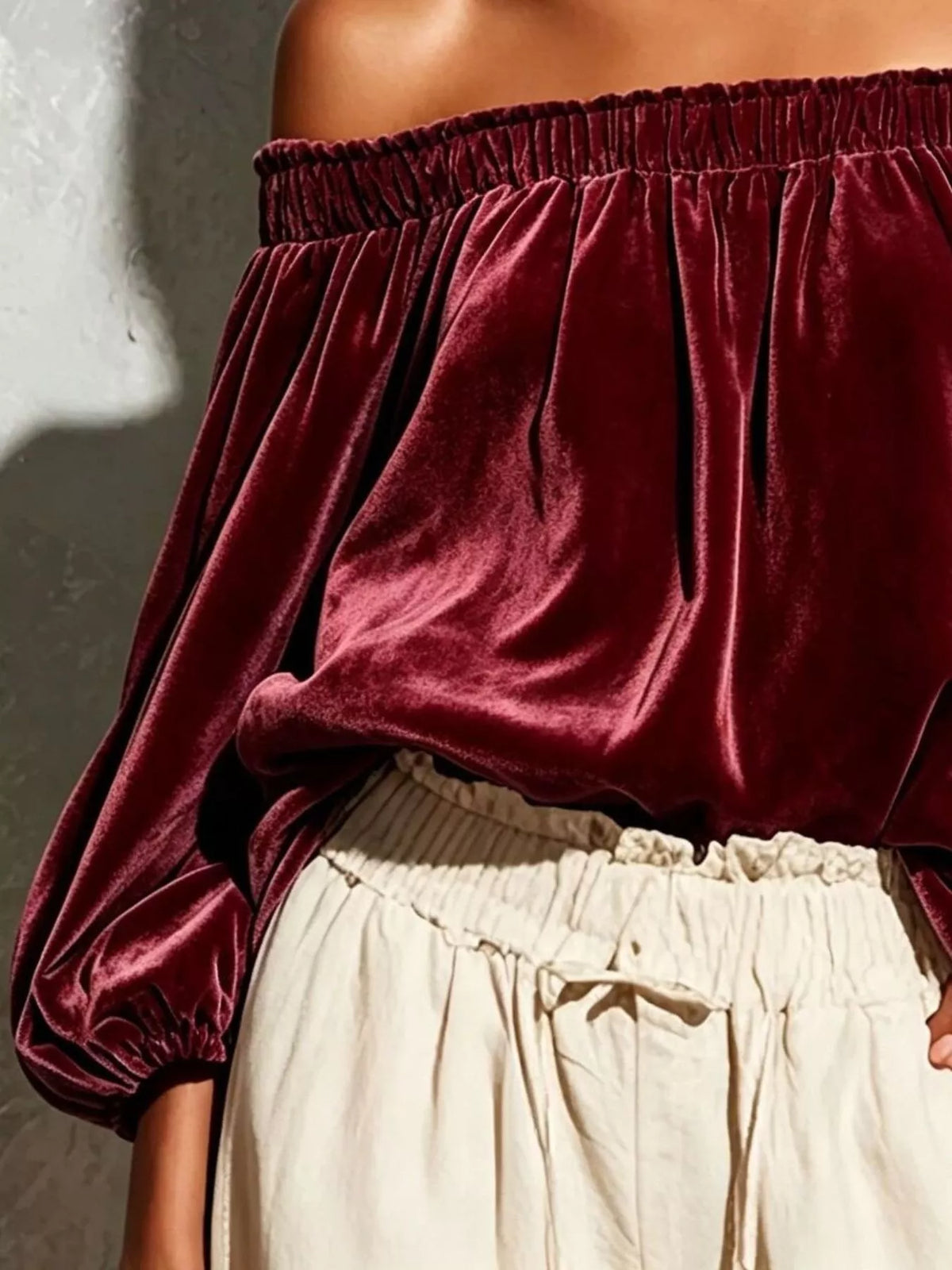 Off-Shoulder Velvet Long Sleeve T-Shirt - Lilixa.store