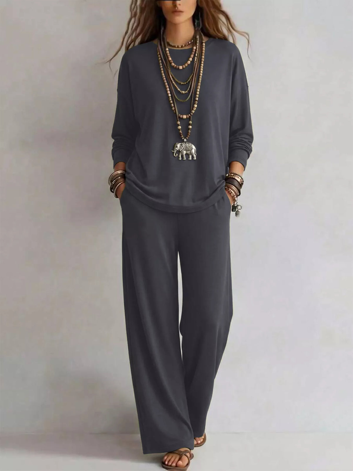 Round Neck T-Shirt and Wide-Leg Pants Set - Lilixa.store
