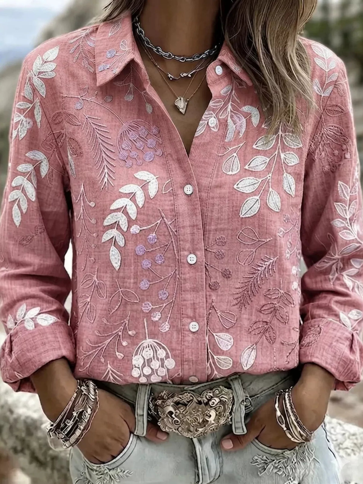 Full Size Leaf Embroidered Button-Down Shirt Plus Size in Dusty Pink