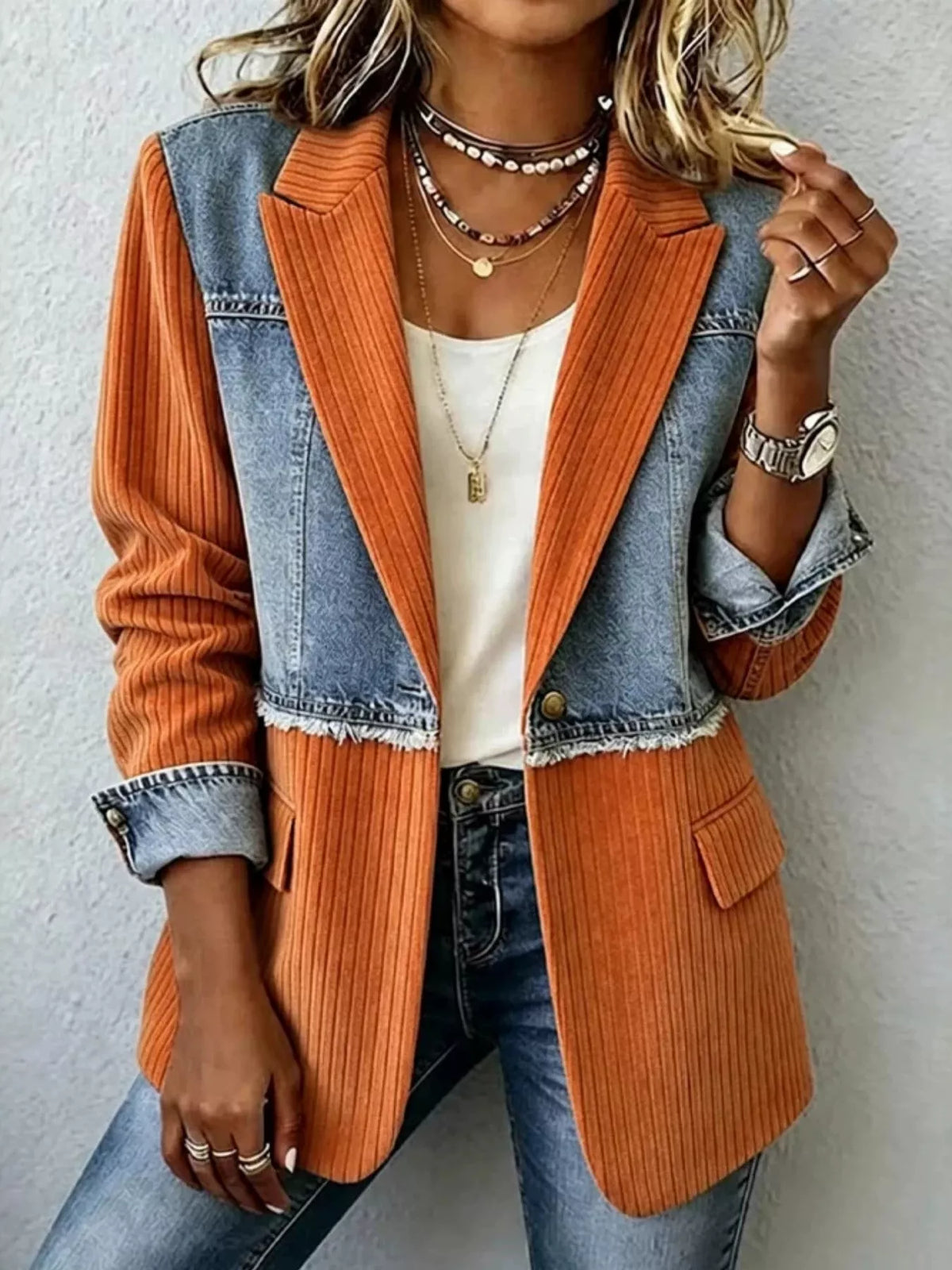 Full Size Patchwork Denim Ribbed Blazer Plus Size - Lilixa.store
