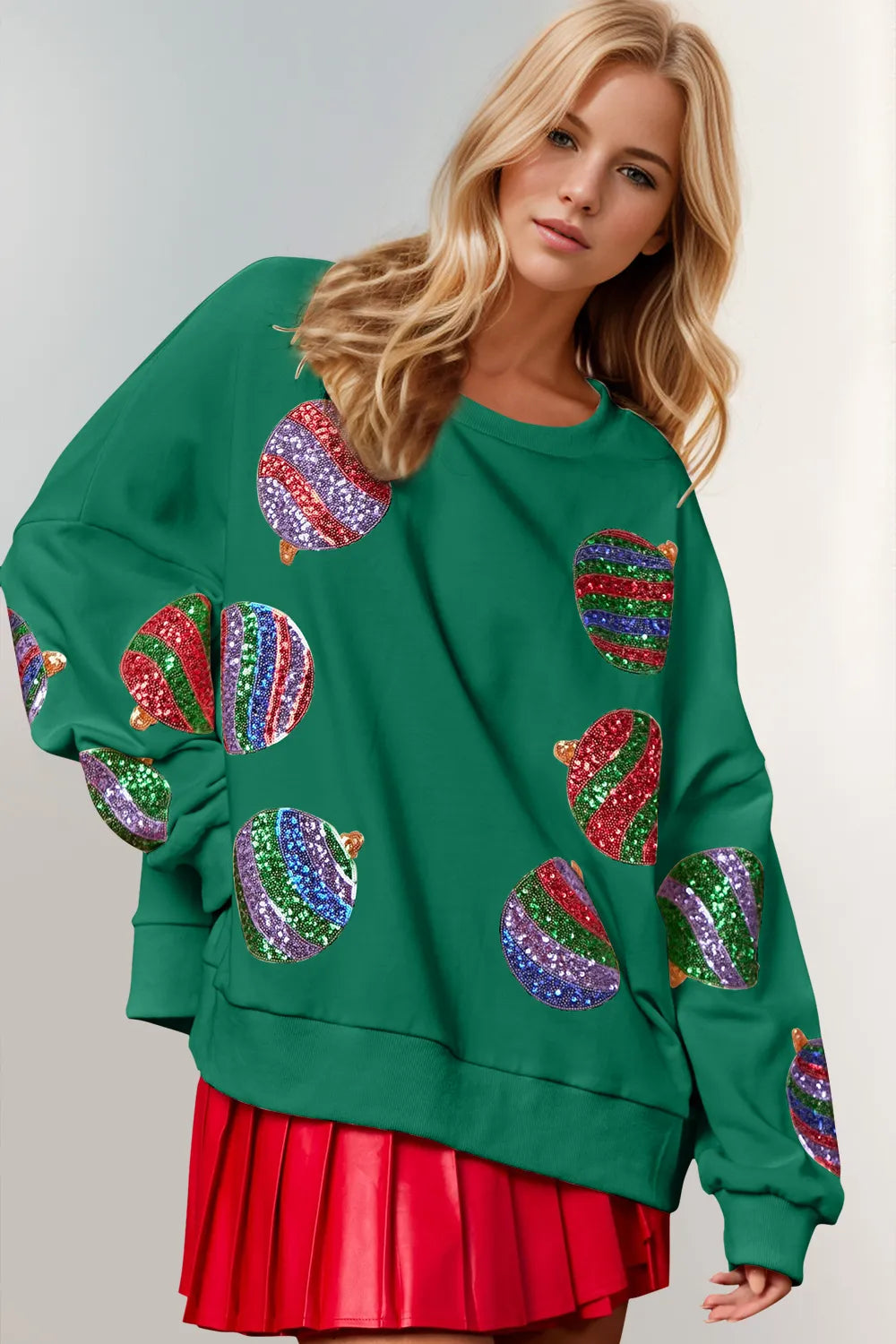 Double Take Christmas Element Sequin Round Neck Long Sleeve Sweatshirt in Dark Green