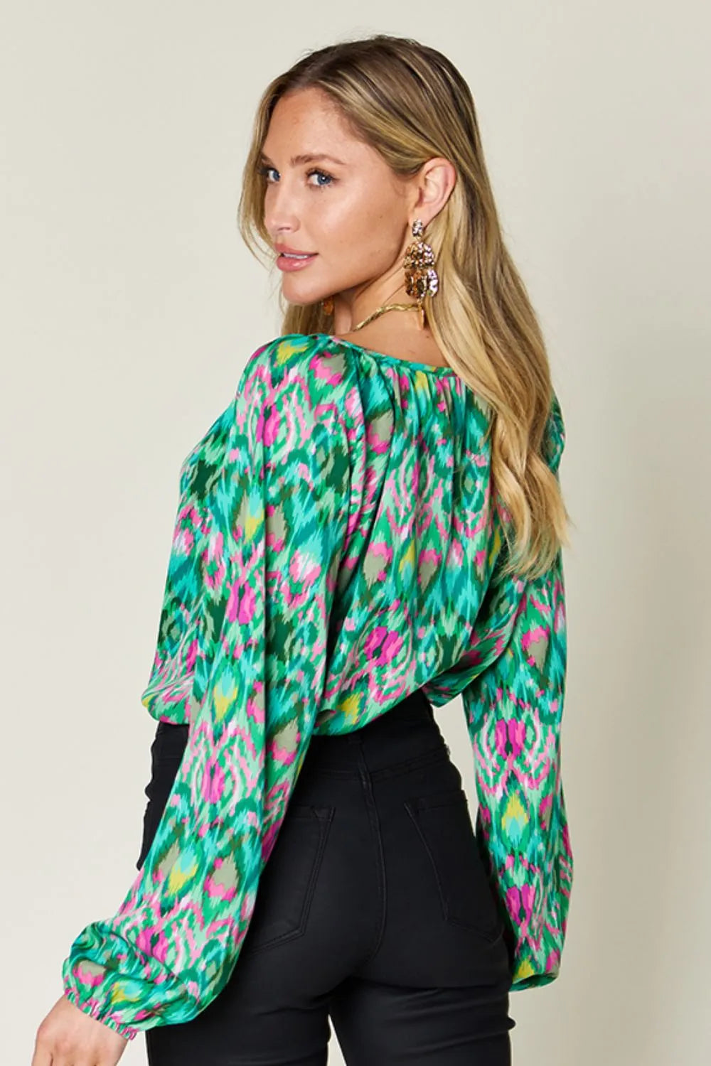 Double Take Full Size Printed Balloon Sleeve Blouse - Lilixa.store