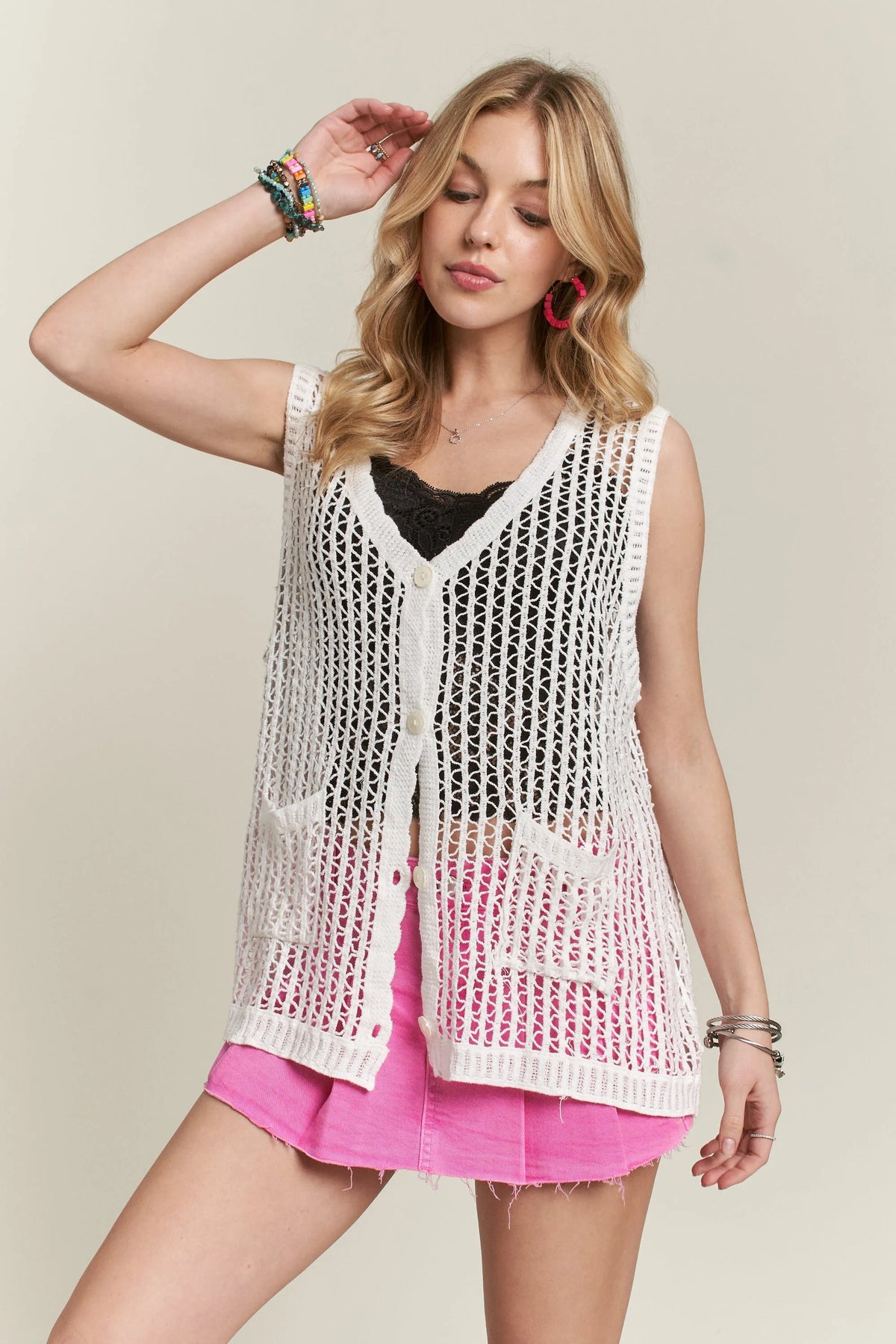 ADORA Button Down Crochet Vest Top in White, view 3