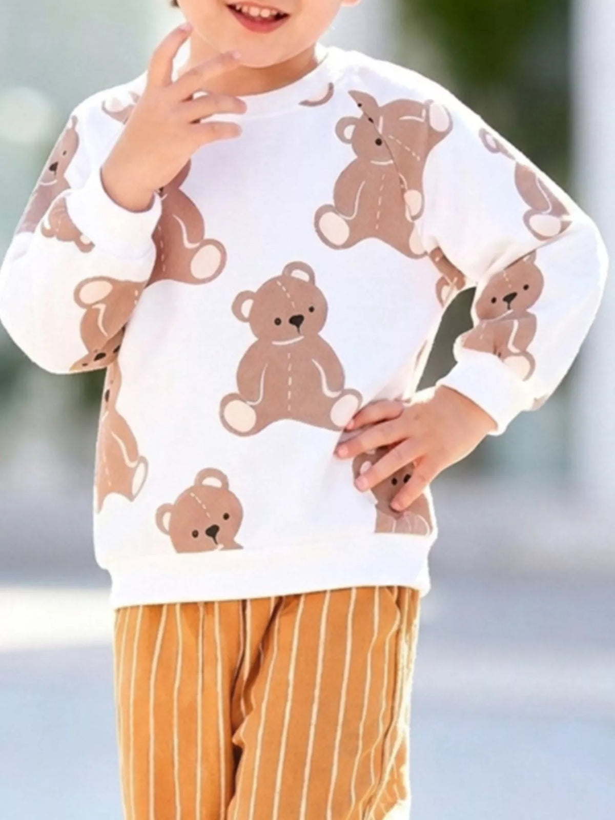 Children's Bear Print Sweatshirt and Striped Wide-Leg Pants Set in White, view 3
